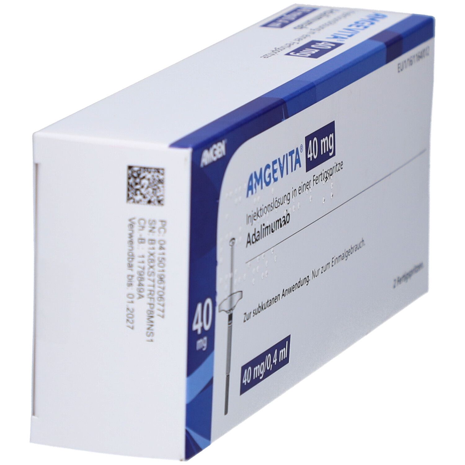 AMGEVITA 40 mg Verpackung, weiß-blau. Text: Adalimumab, 40 mg/0,4 ml, 2 Fertigspritzen. AMGEN Logo. Barcode.