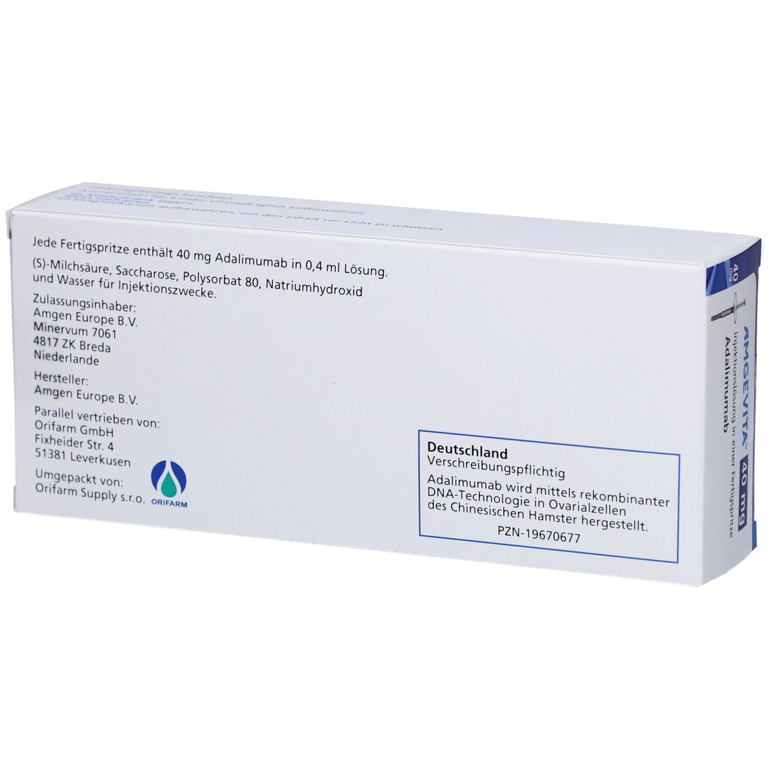 Rückseite der AMGEVITA 40 mg Verpackung. Text: Inhaltsstoffe, Hersteller, Vertrieb. PZN-19670677. Text: Deutschland, verschreibungspflichtig.