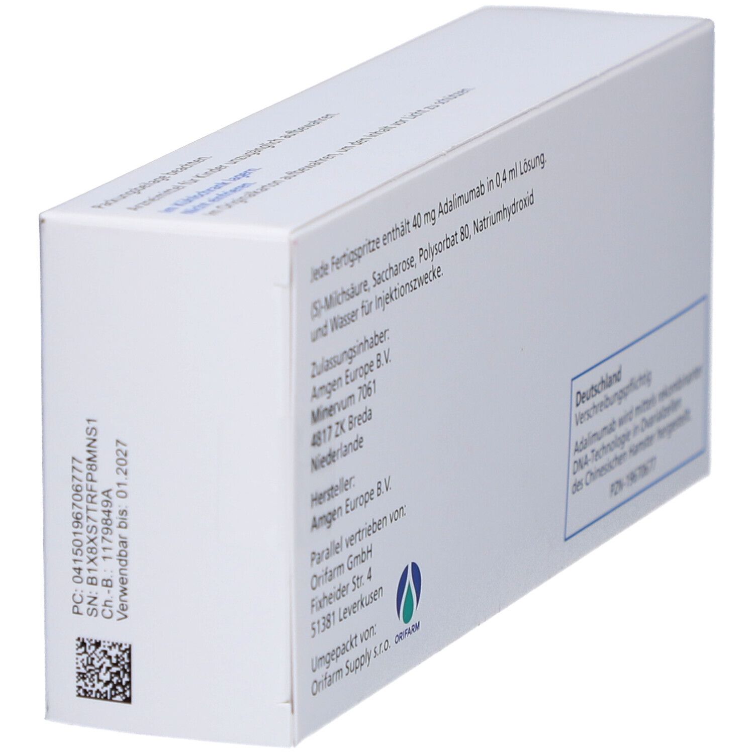 Rückseite der AMGEVITA 40 mg Verpackung. Text: Inhaltsstoffe, Hersteller, Vertrieb. PZN-19670677. Text: Deutschland, verschreibungspflichtig.