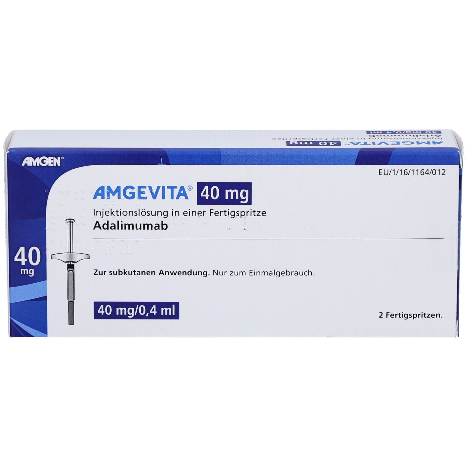 AMGEVITA 40 mg Fertigspr., blaue Verpackung. Text: Adalimumab, 40 mg/0,4 ml, 2 Fertigspritzen. AMGEN Logo.