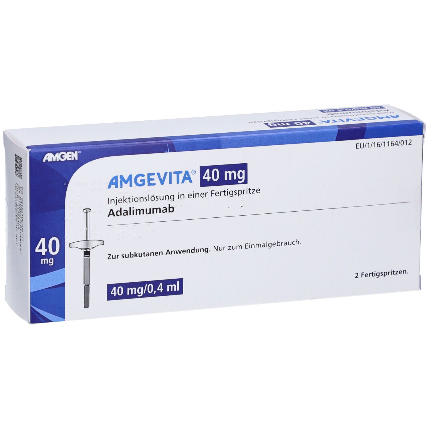 AMGEVITA 40 mg Fertigspr., blaue Verpackung. Text: Adalimumab, 40 mg/0,4 ml, 2 Fertigspritzen. AMGEN Logo.
