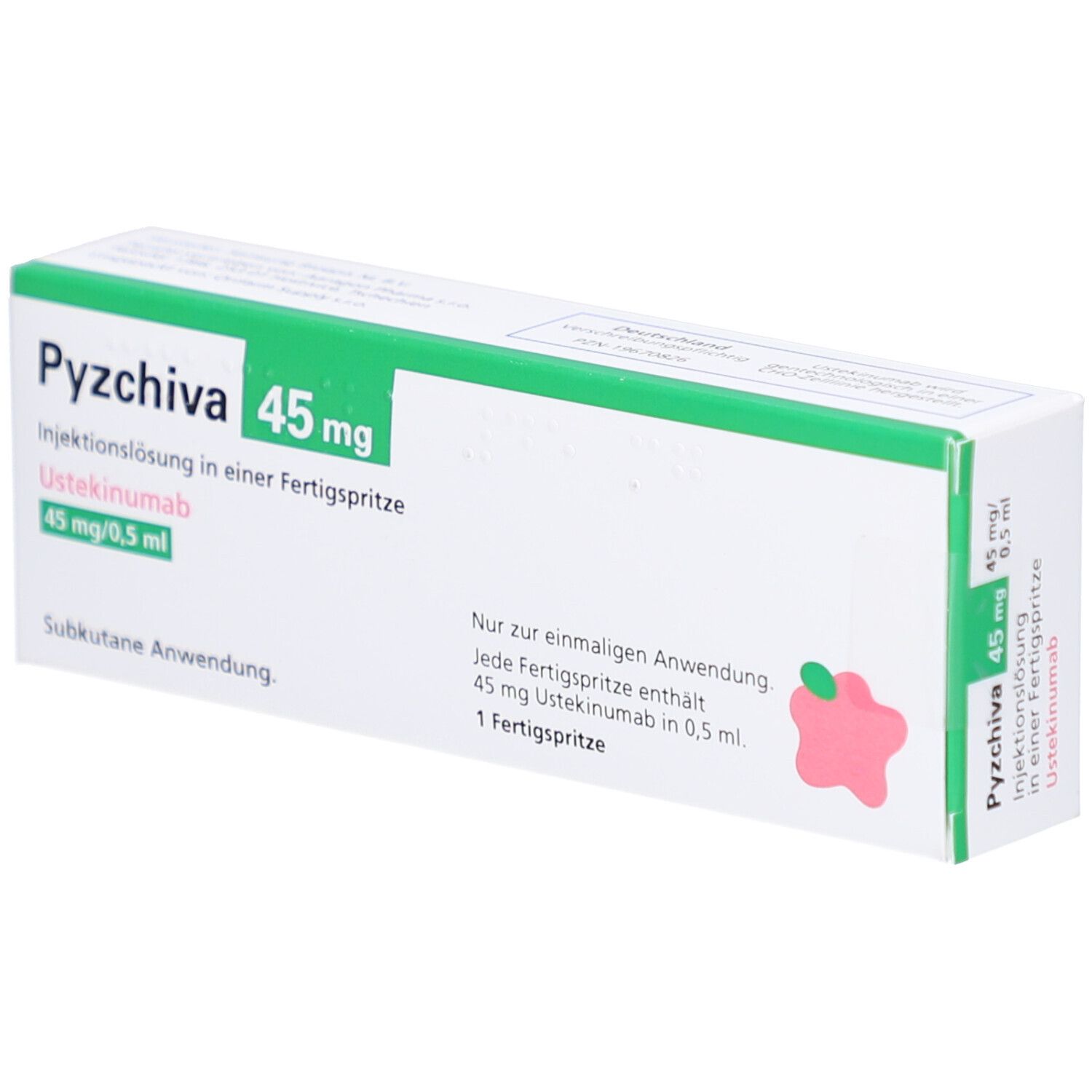 Schachtel mit PYZCHIVA 45 mg Injektionslösung. Grün-weiße Verpackung mit Produktinformationen und Logo.