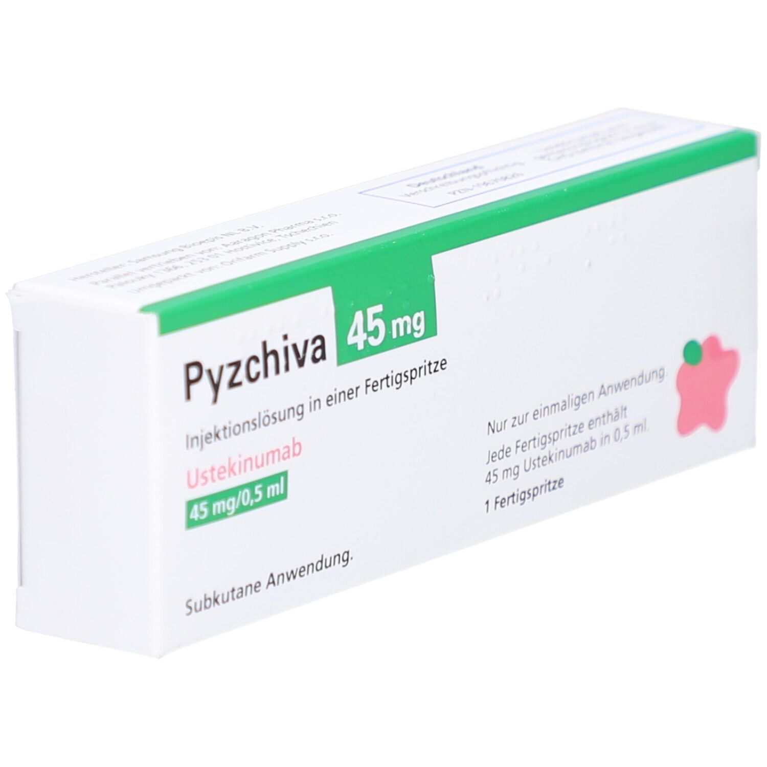 Schachtel PYZCHIVA 45 mg Injektionslösung. Grün-weiße Verpackung mit Produktinformationen.