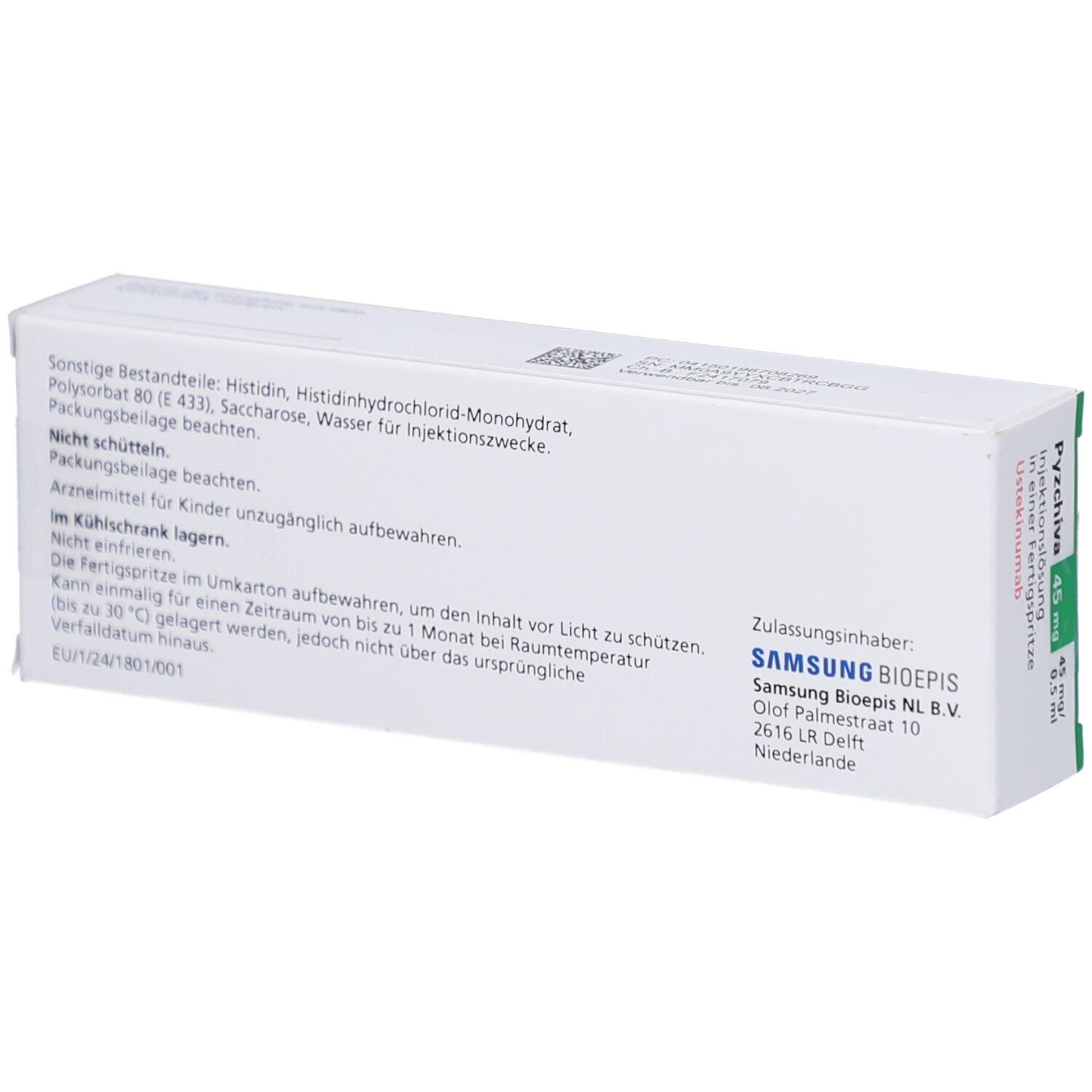 Rückseite der PYZCHIVA-Verpackung. Enthält Informationen zu Inhaltsstoffen und Hersteller.