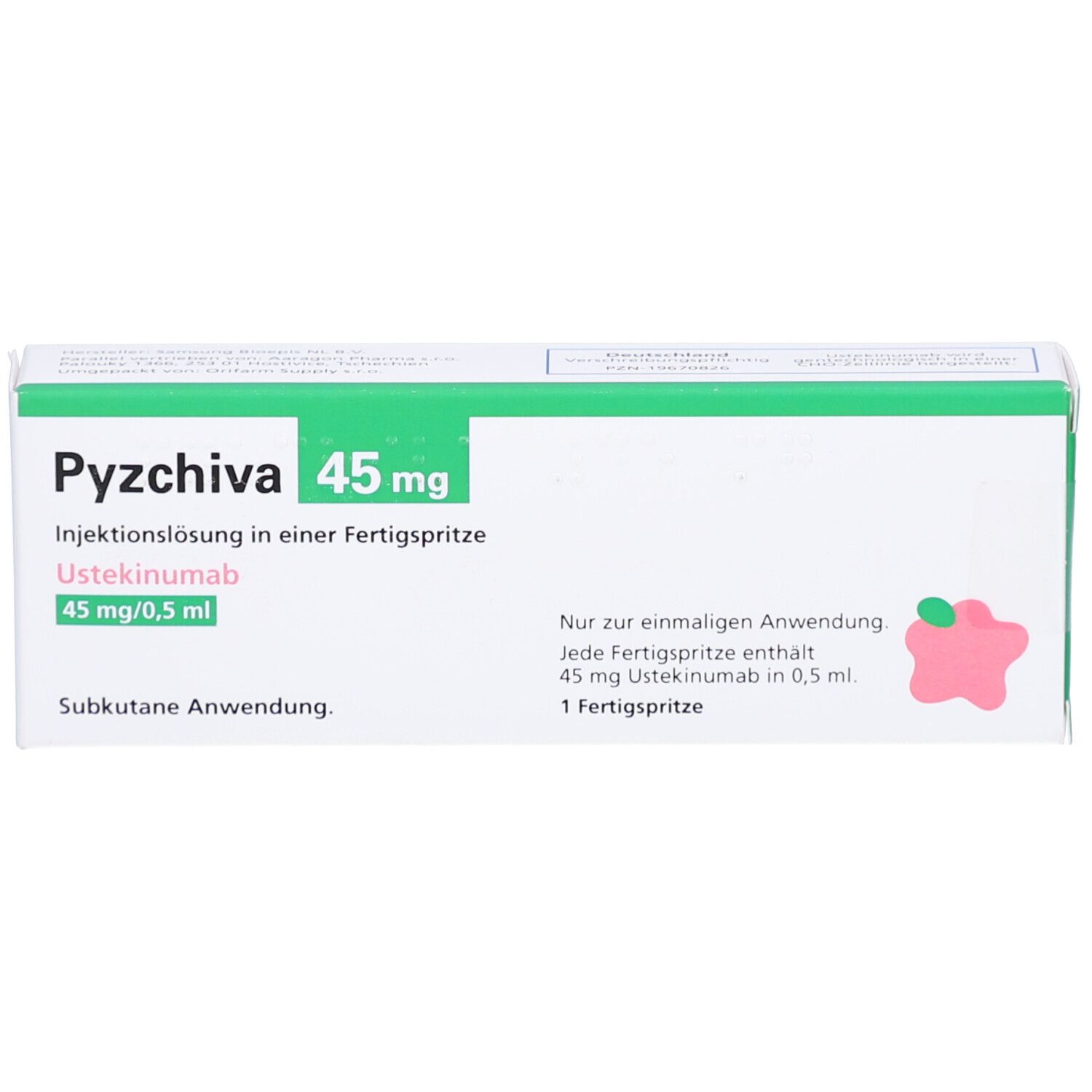 PYZCHIVA 45 mg Injektionslösung in einer Fertigspritze. Grün-weiße Verpackung mit Produktinformationen.