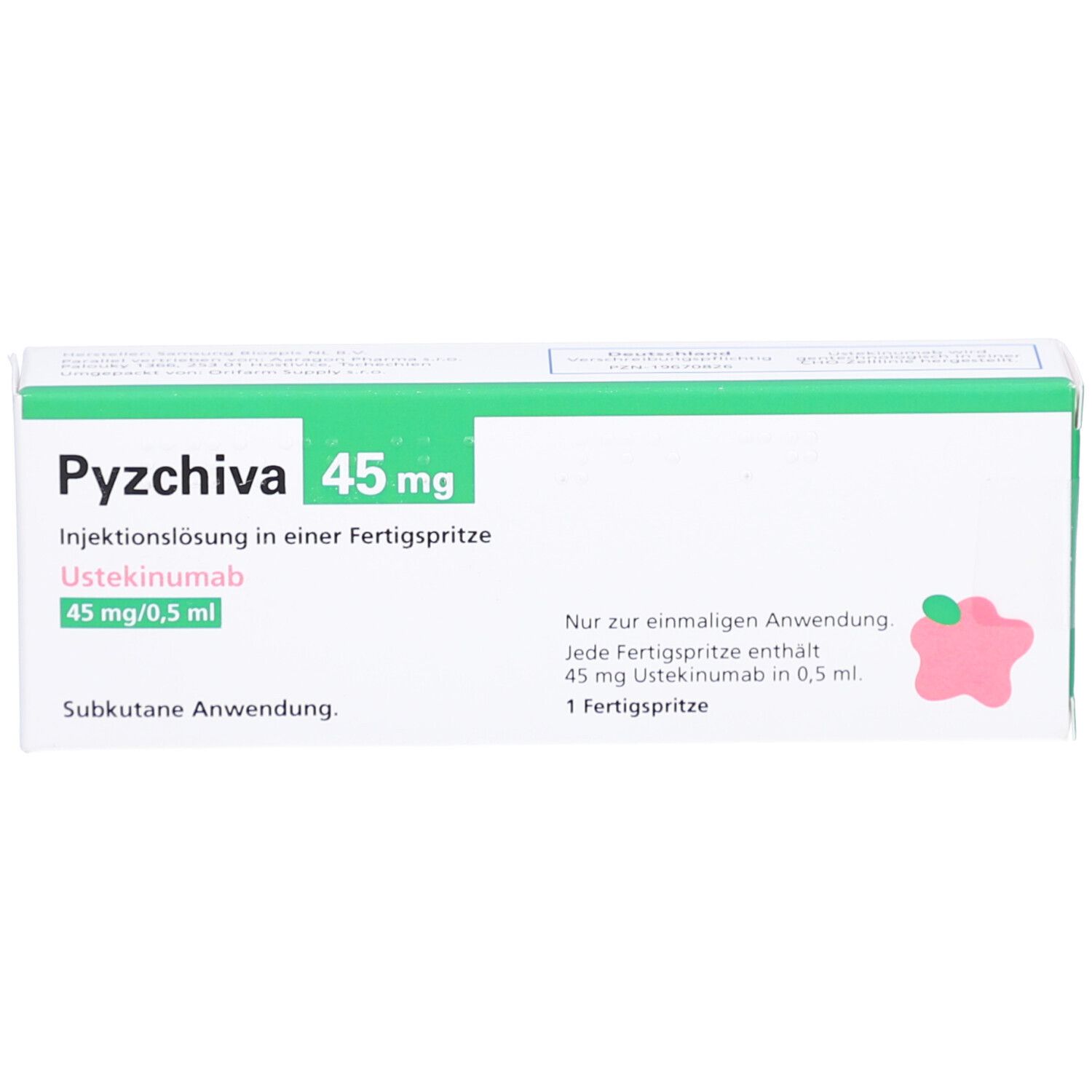 PYZCHIVA 45 mg Injektionslösung in einer Fertigspritze. Grün-weiße Verpackung mit Produktinformationen.