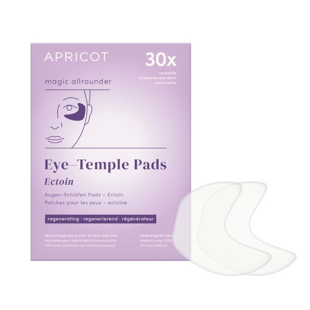 Verpackung mit Augen-Schläfen Pads. Marke APRICOT. Enthält 30 Pads. Zwei transparente, halbmondförmige Pads liegen daneben.
