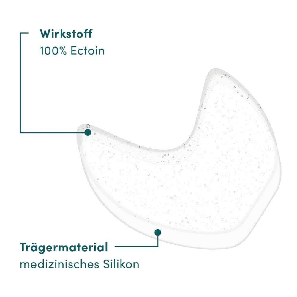 Grafische Darstellung eines Augen-Schläfen Pads. Wirkstoff: 100% Ectoin. Trägermaterial: medizinisches Silikon.