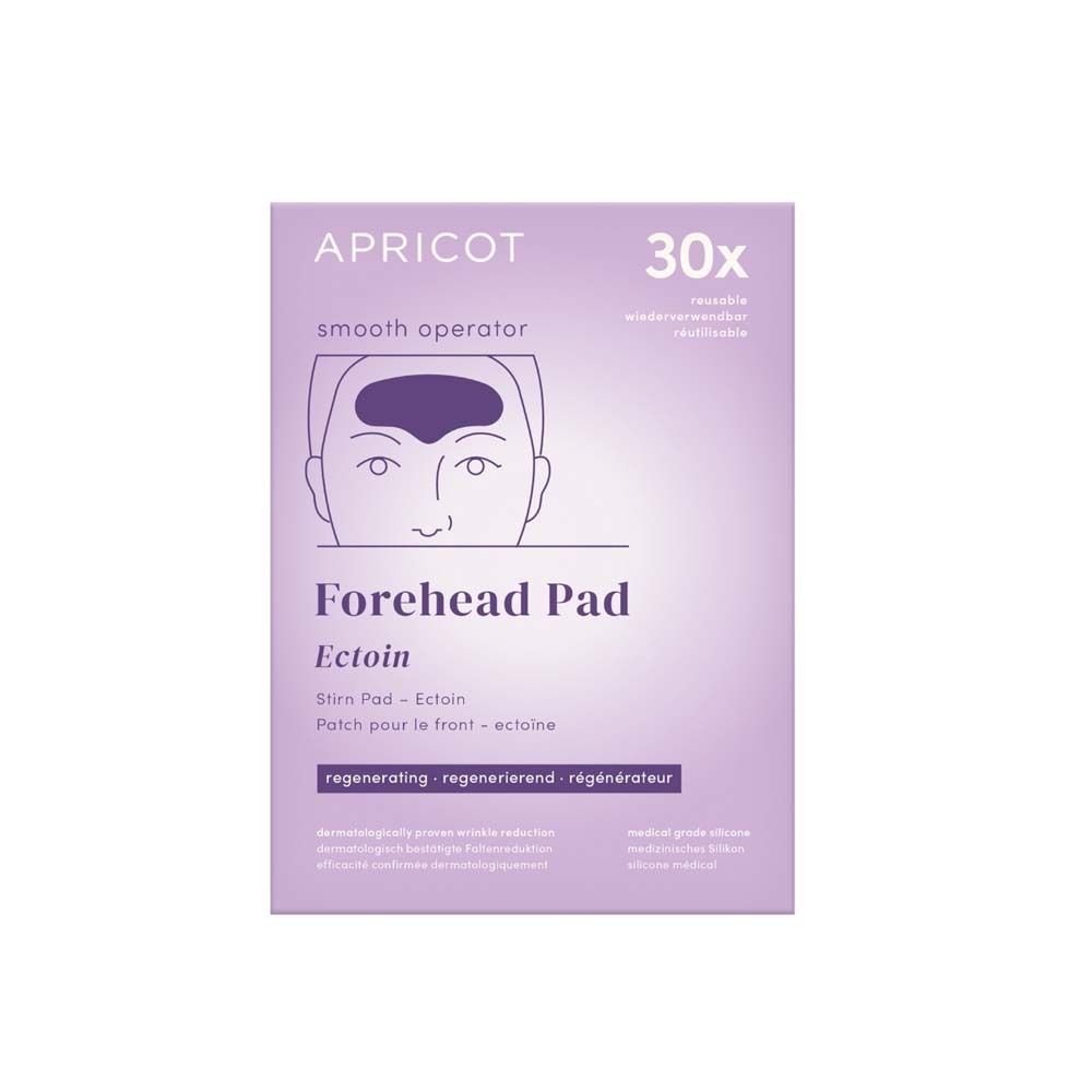 APRICOT Forehead Pad Verpackung. Produktname, Ectoin, 30 Stück. Regenerierend. Lilafarbener Hintergrund.