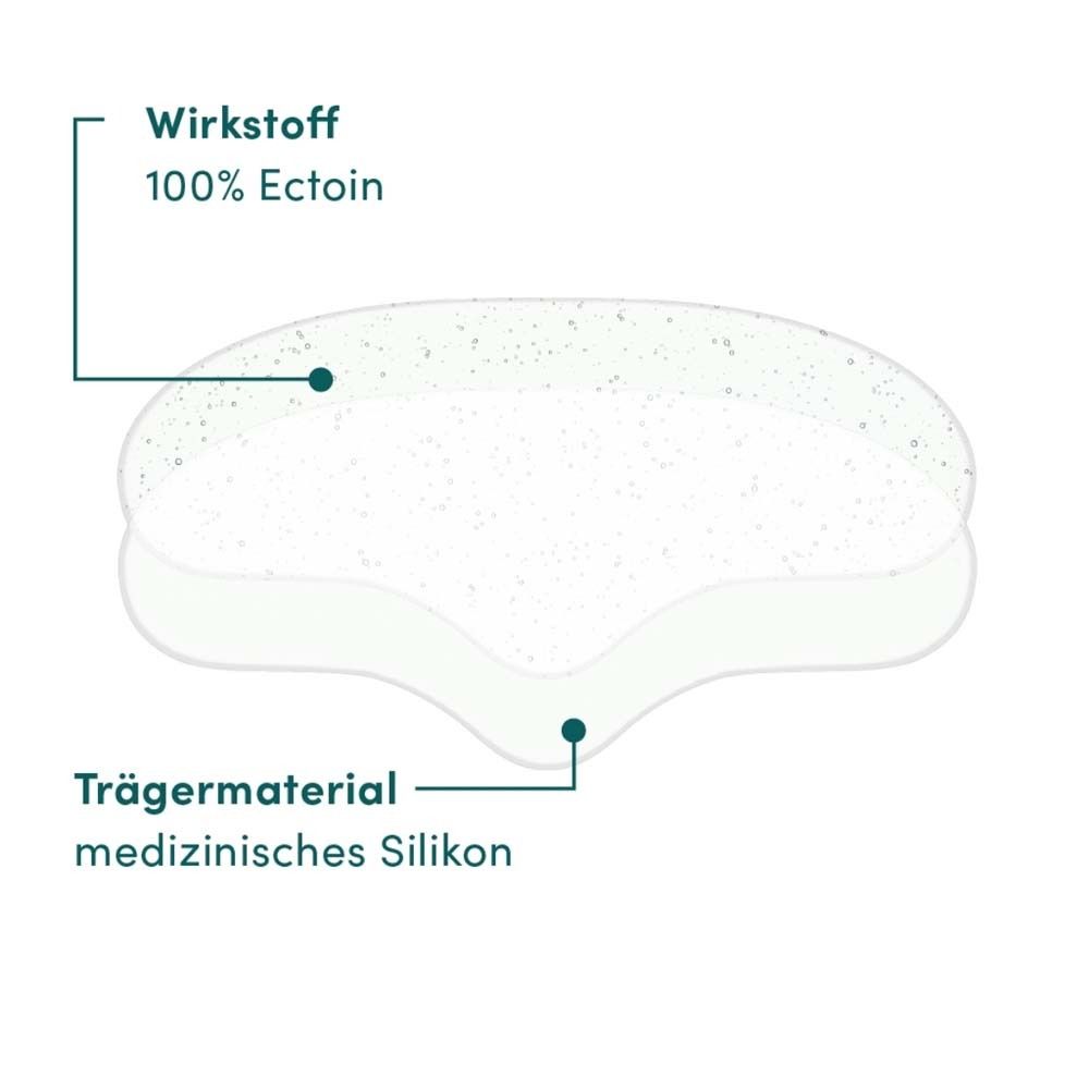Schnitt durch Stirn Pad. Wirkstoff: 100% Ectoin. Trägermaterial: medizinisches Silikon. Pad-Schichten.