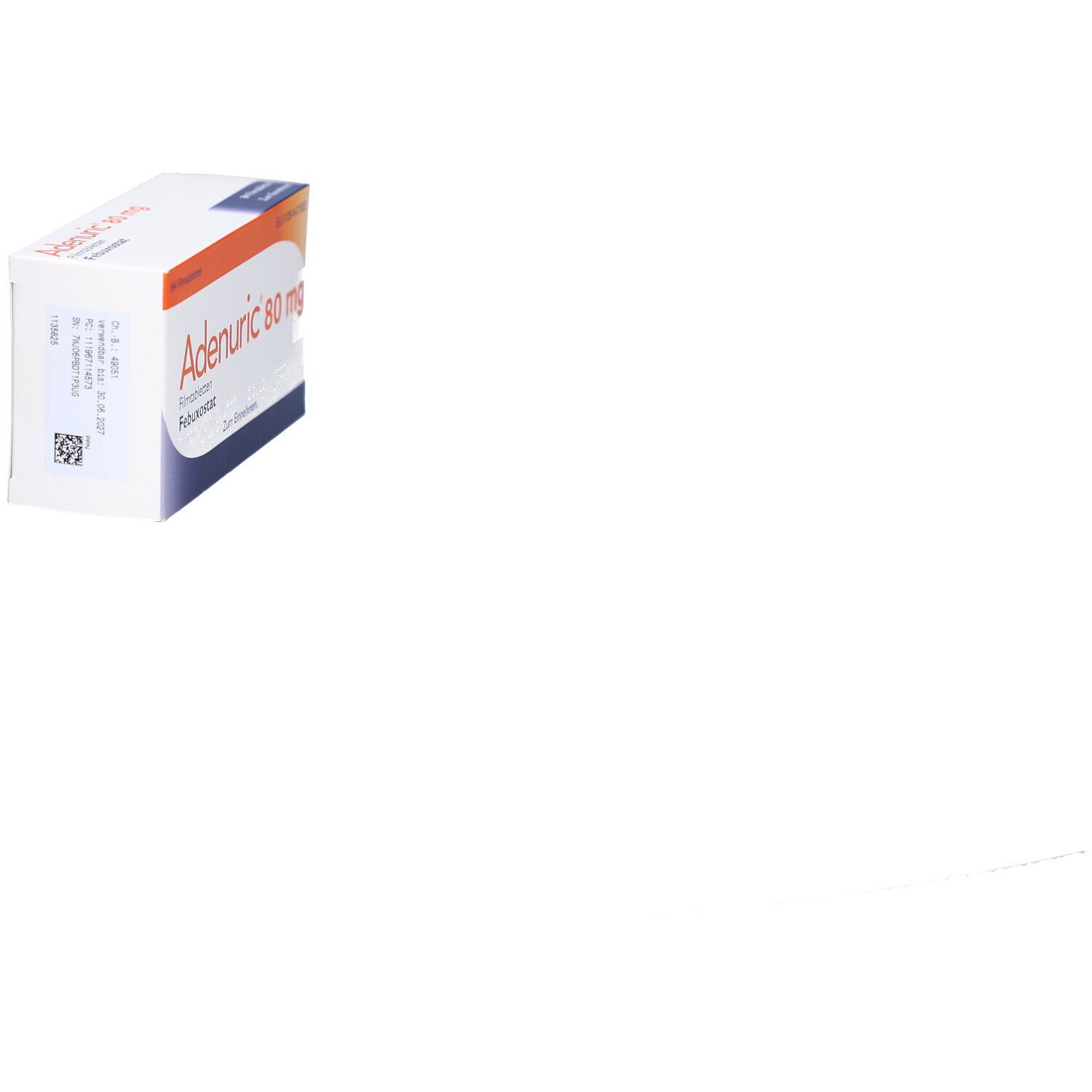 Schachtel ADENURIC 80 mg, schräg von oben links. Orange-weiße Verpackung. Text nicht lesbar.