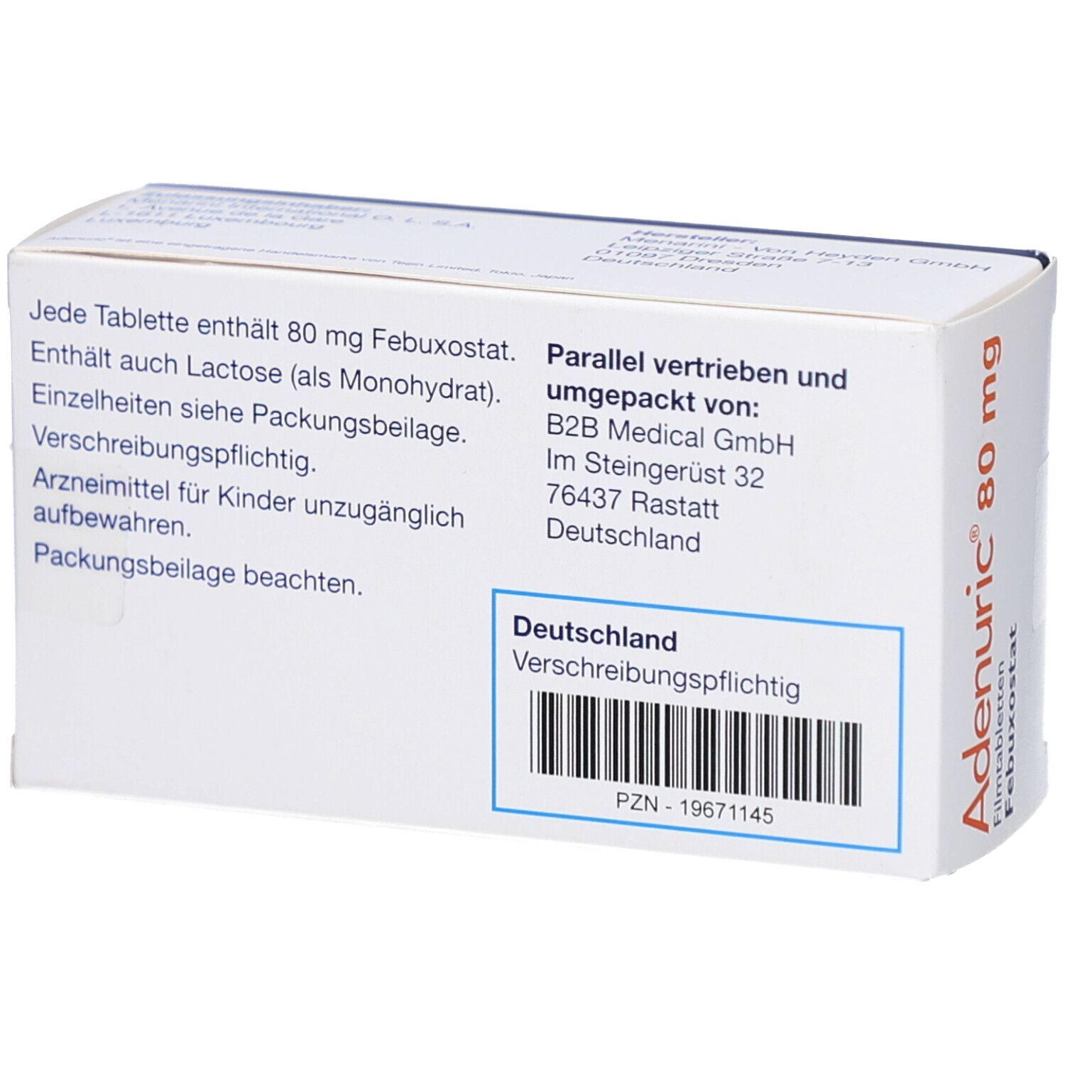 Rückseite der Schachtel ADENURIC 80 mg. Text: Inhaltsstoffe, Hersteller, PZN-Nummer, Verschreibungspflichtig.