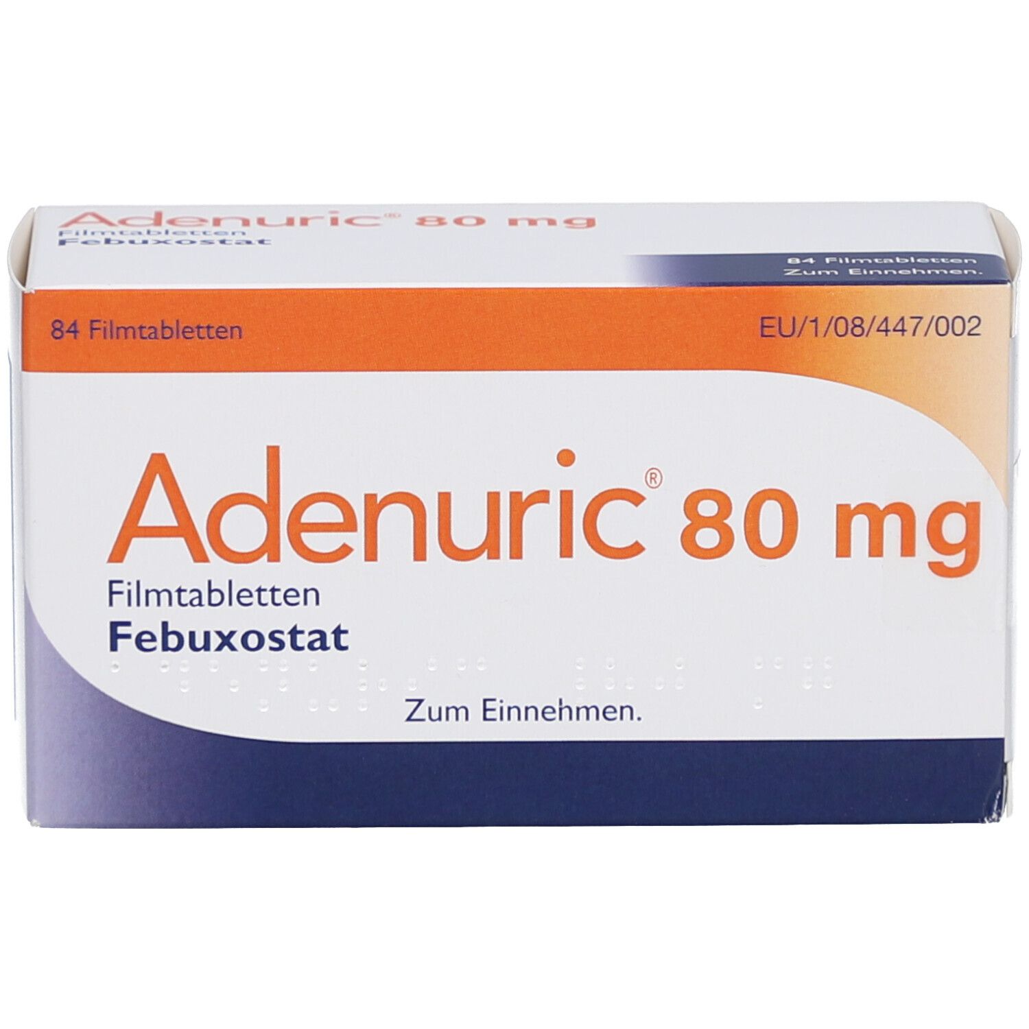 Schachtel mit ADENURIC 80 mg Filmtabletten. Aufschrift: 84 Filmtabletten, Febuxostat. Orange-weiße Verpackung.
