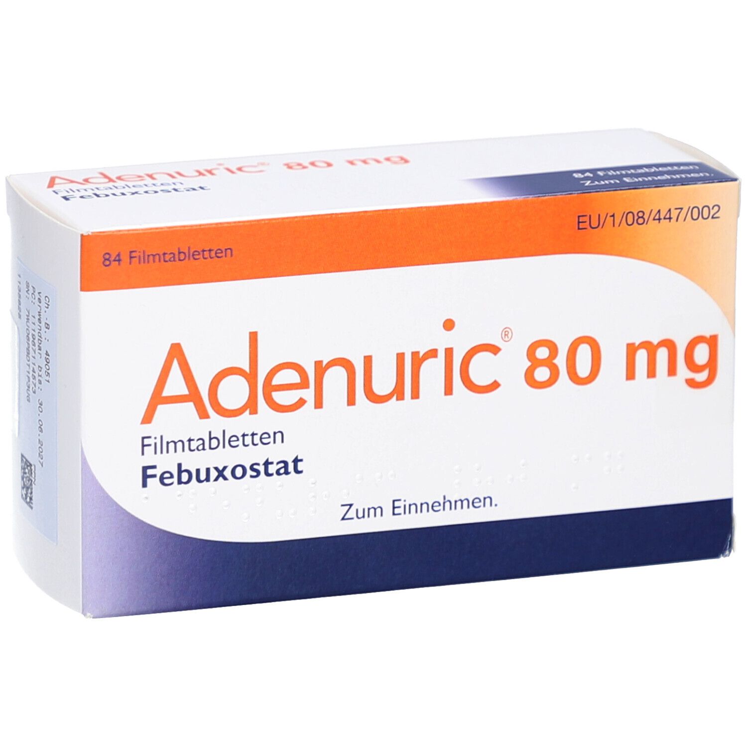 Schachtel mit ADENURIC 80 mg Filmtabletten. Aufschrift: 84 Filmtabletten, Febuxostat. Orange-weiße Verpackung.