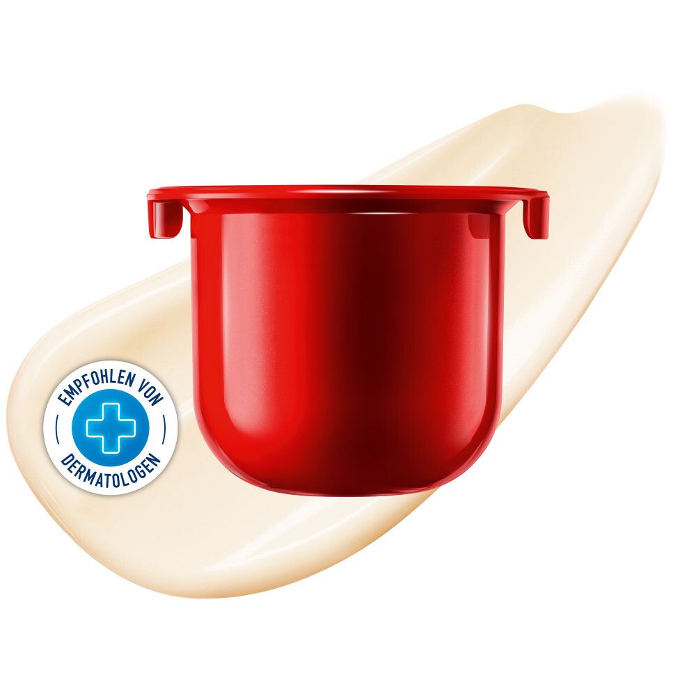 Roter Behälter mit Creme, empfohlen von Dermatologen. Auf cremefarbenem Hintergrund.