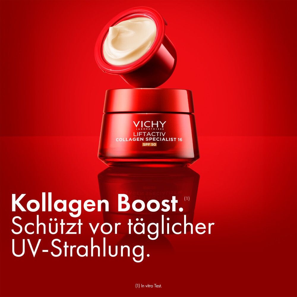 Vichy Liftactiv Collagen Specialist 16 LSF50 Creme und Nachfüllkapsel auf rotem Hintergrund.