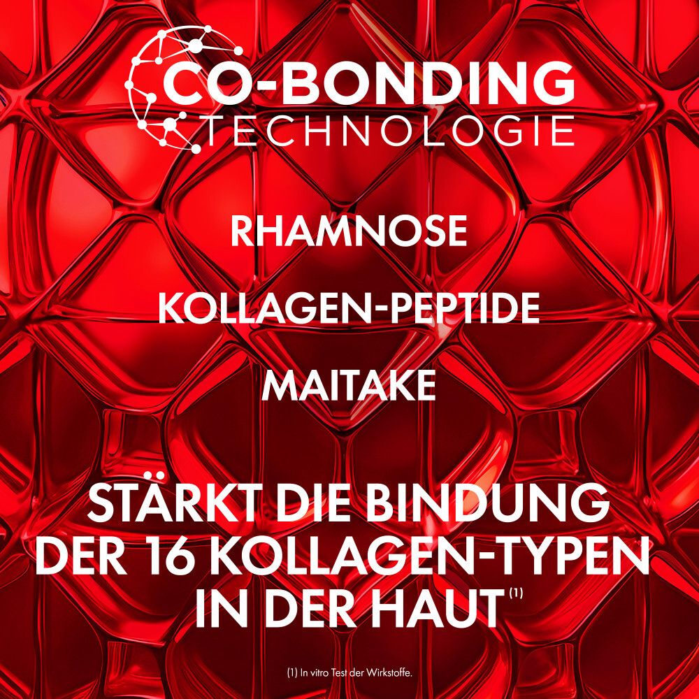Text auf rotem Hintergrund: Inhaltsstoffe, Co-Bonding Technologie, stärkt 16 Kollagentypen.
