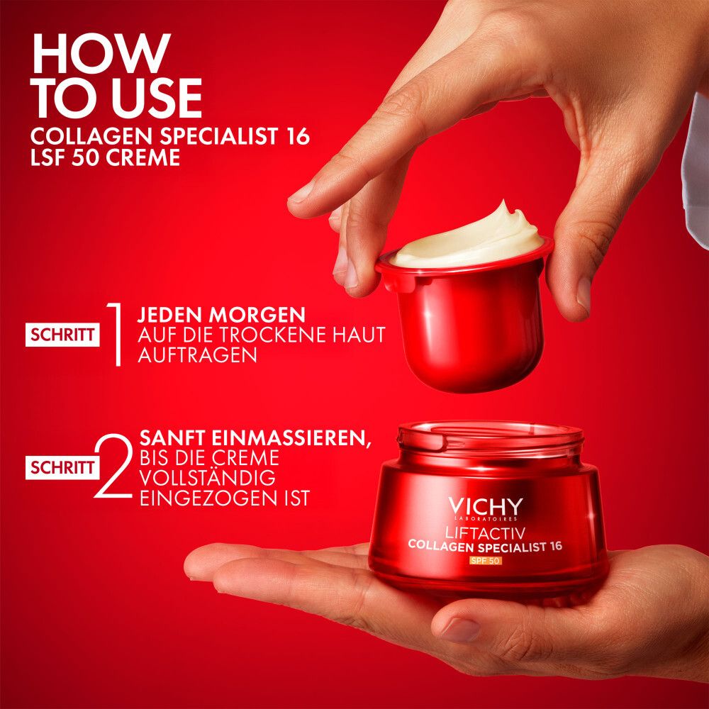 Anwendung der Vichy Liftactiv Collagen Specialist 16 LSF50 Creme. Schrittweise Anleitung.