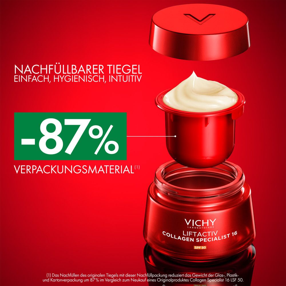 Nachfüllbarer Tiegel mit Creme und -87% Verpackungsmaterial. Auf rotem Hintergrund.