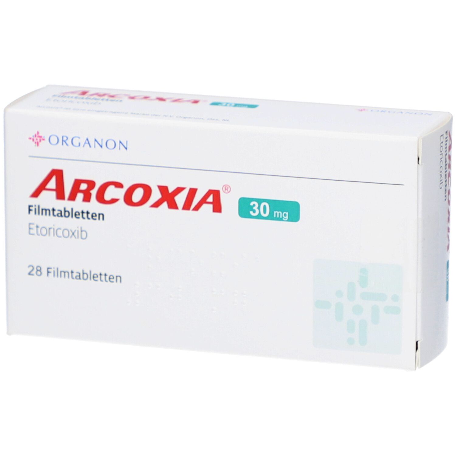 Weiße Schachtel mit ARCOXIA 30 mg Filmtabletten. Aufschrift: Organon, 28 Filmtabletten, Etoricoxib. Grüne 30 mg Angabe.