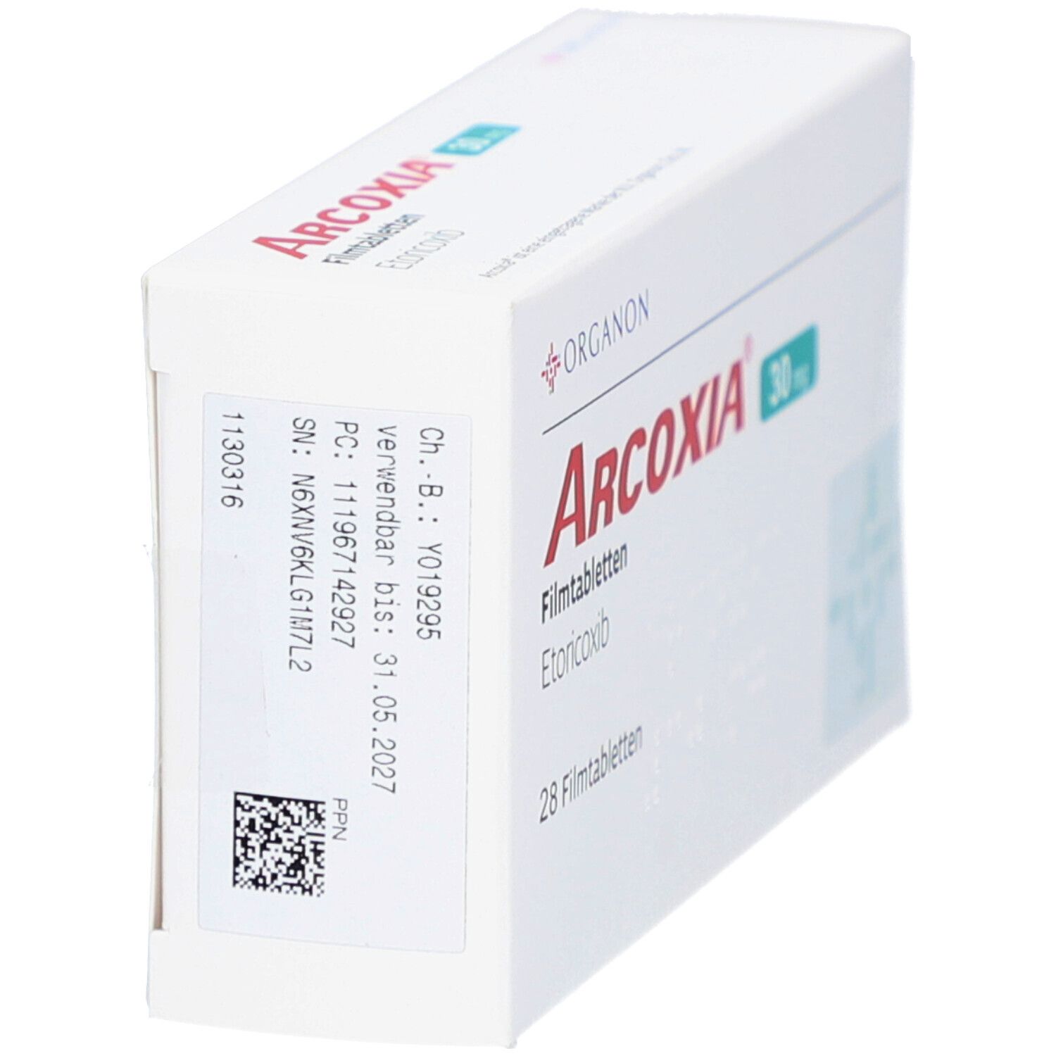 Weiße Schachtel ARCOXIA 30 mg, Seitenansicht. Aufschrift: Organon, 28 Filmtabletten, Etoricoxib. Chargennummer, Verfallsdatum, Barcode.