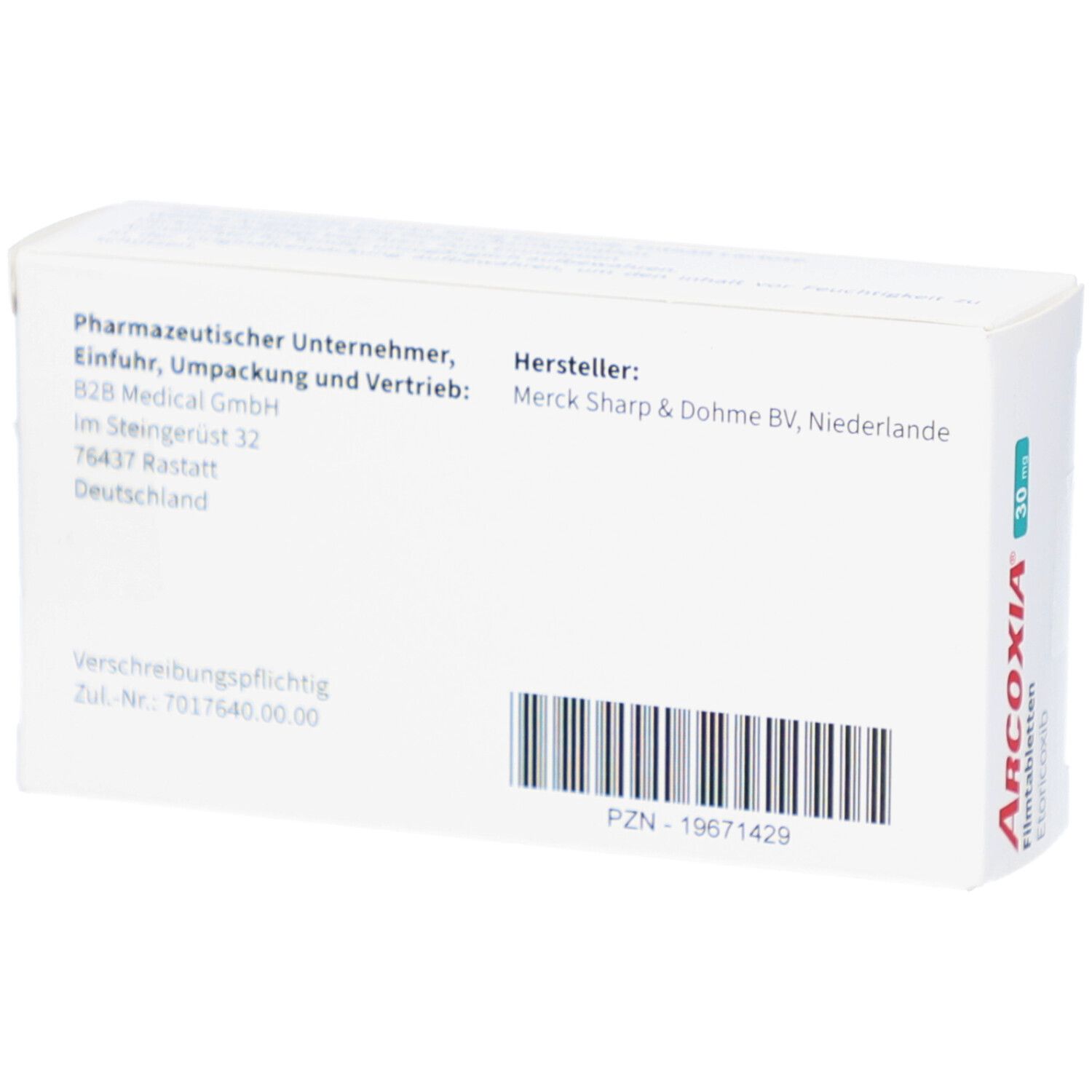 Rückseite der weißen ARCOXIA 30 mg Schachtel. Angaben zum Hersteller, Vertrieb, PZN-Nummer und Barcode.