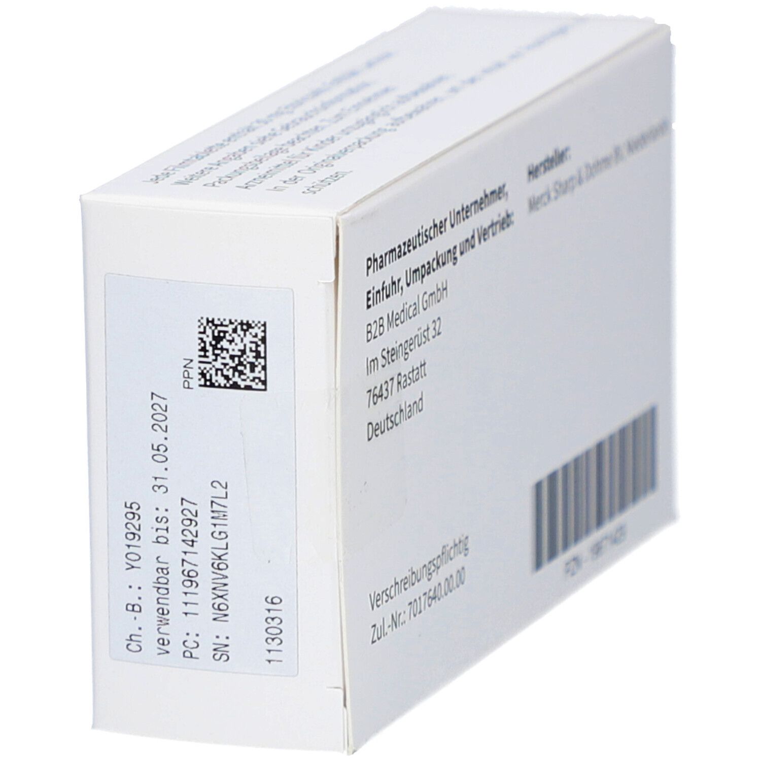 Seitenansicht der weißen ARCOXIA 30 mg Schachtel. Chargennummer, Verfallsdatum, Barcode und Herstellerinformationen.