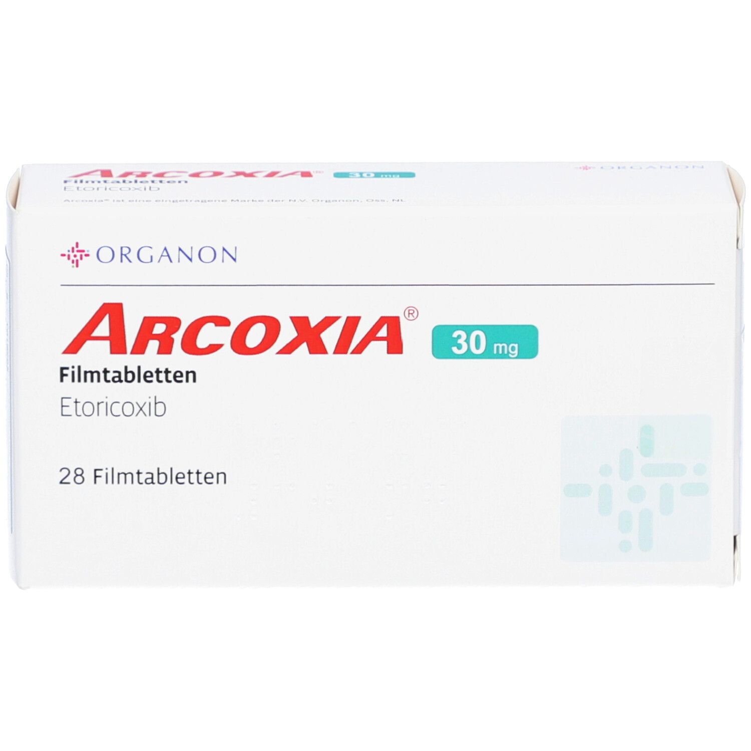 Weiße Schachtel mit ARCOXIA 30 mg Filmtabletten. Aufschrift: Organon, 28 Filmtabletten, Etoricoxib. Grüne 30 mg Angabe.
