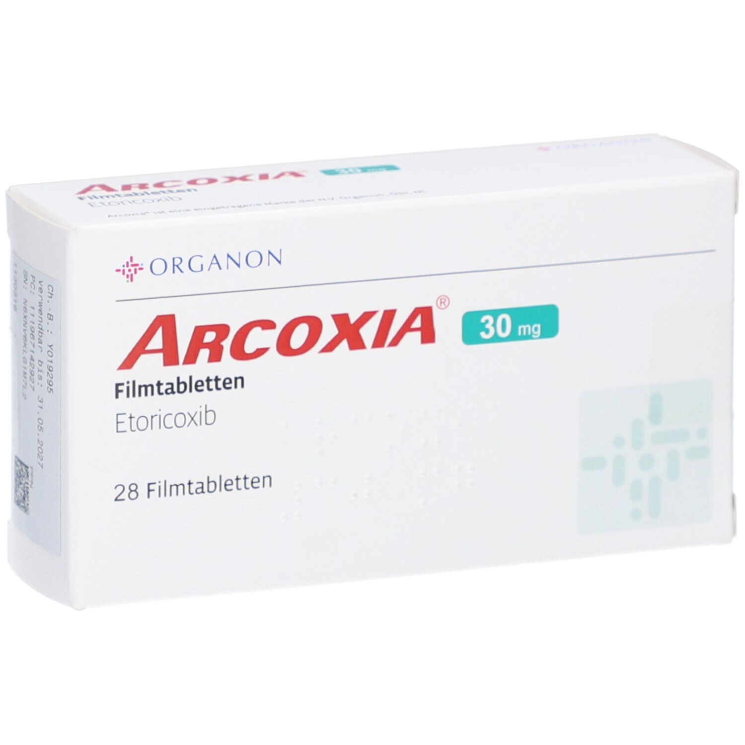 Weiße Schachtel mit ARCOXIA 30 mg Filmtabletten. Aufschrift: Organon, 28 Filmtabletten, Etoricoxib. Grüne 30 mg Angabe.