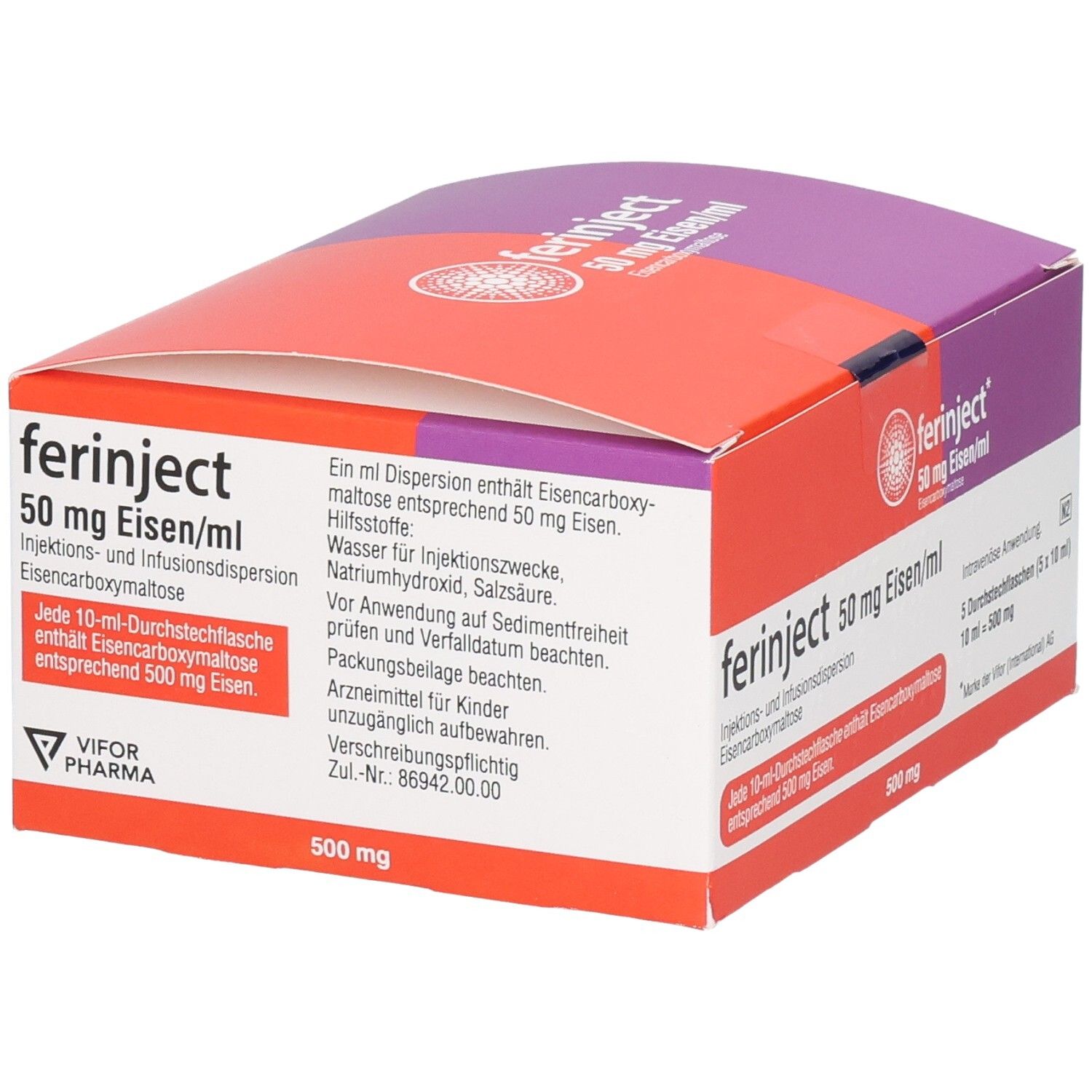 Geöffnete Verpackung von FERINJECT 50 mg Eisen/ml. Rote und violette Schachtel mit Produktinformationen.