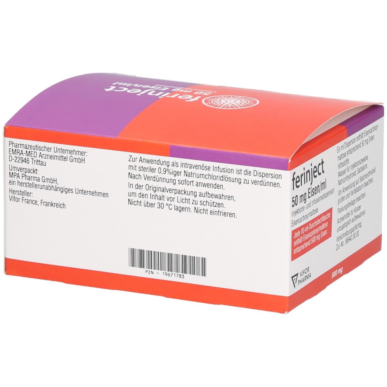Rückseite der FERINJECT 50 mg Eisen/ml Verpackung. Rote und violette Schachtel mit Text.
