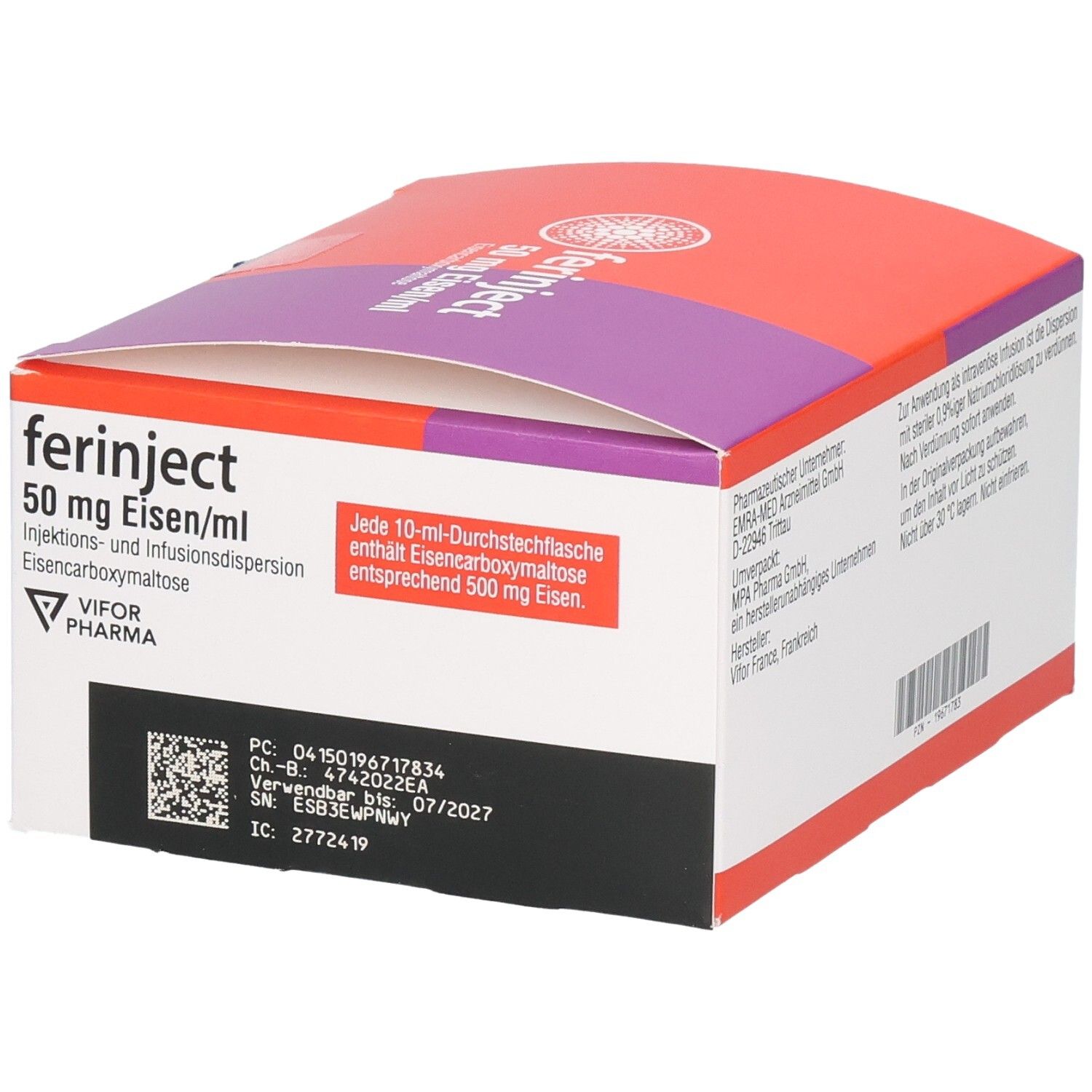Verpackung von FERINJECT 50 mg Eisen/ml. Rote und violette Schachtel mit Produktinformationen und Logo.