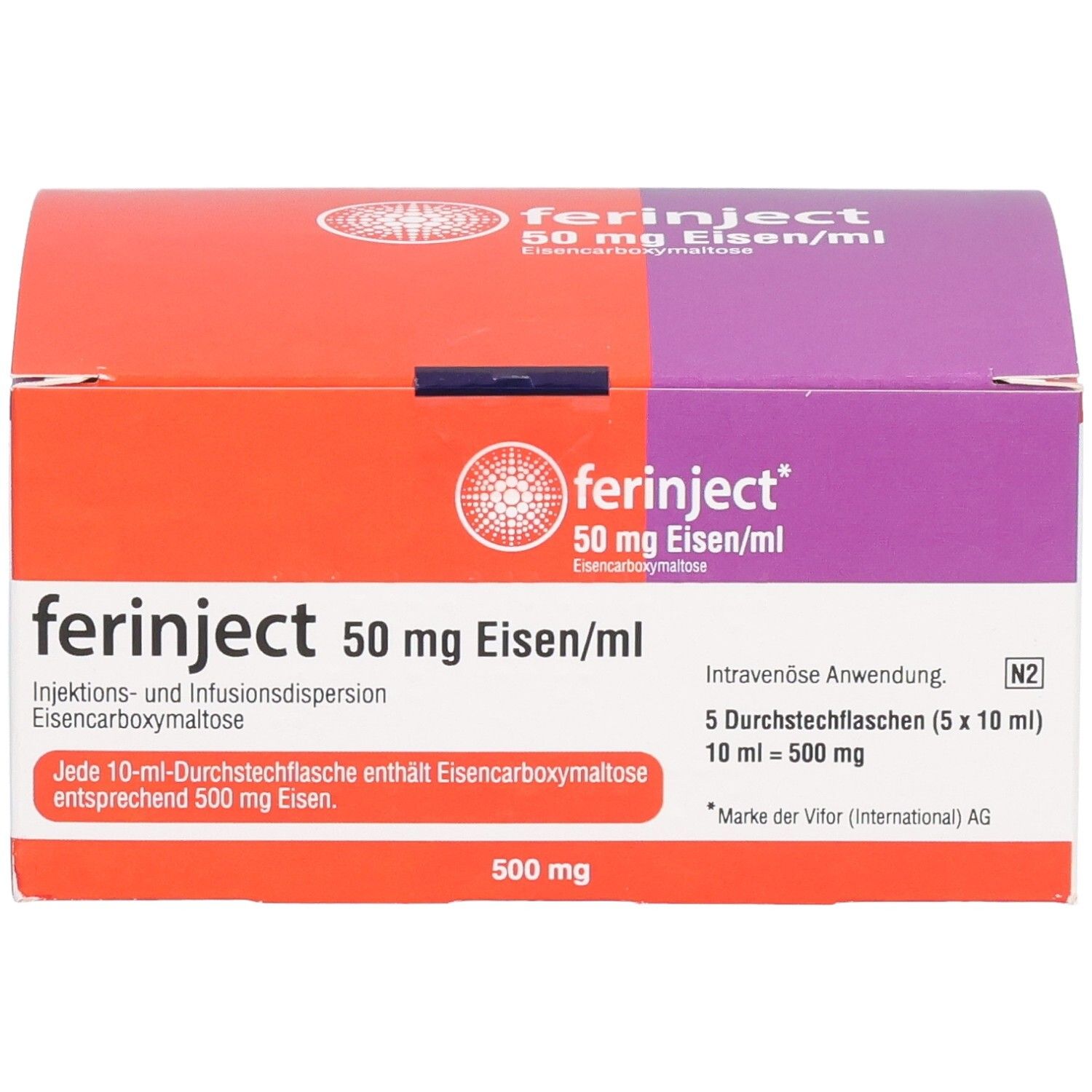 Verpackung von FERINJECT 50 mg Eisen/ml. Rote und violette Schachtel mit Produktinformationen und Logo.