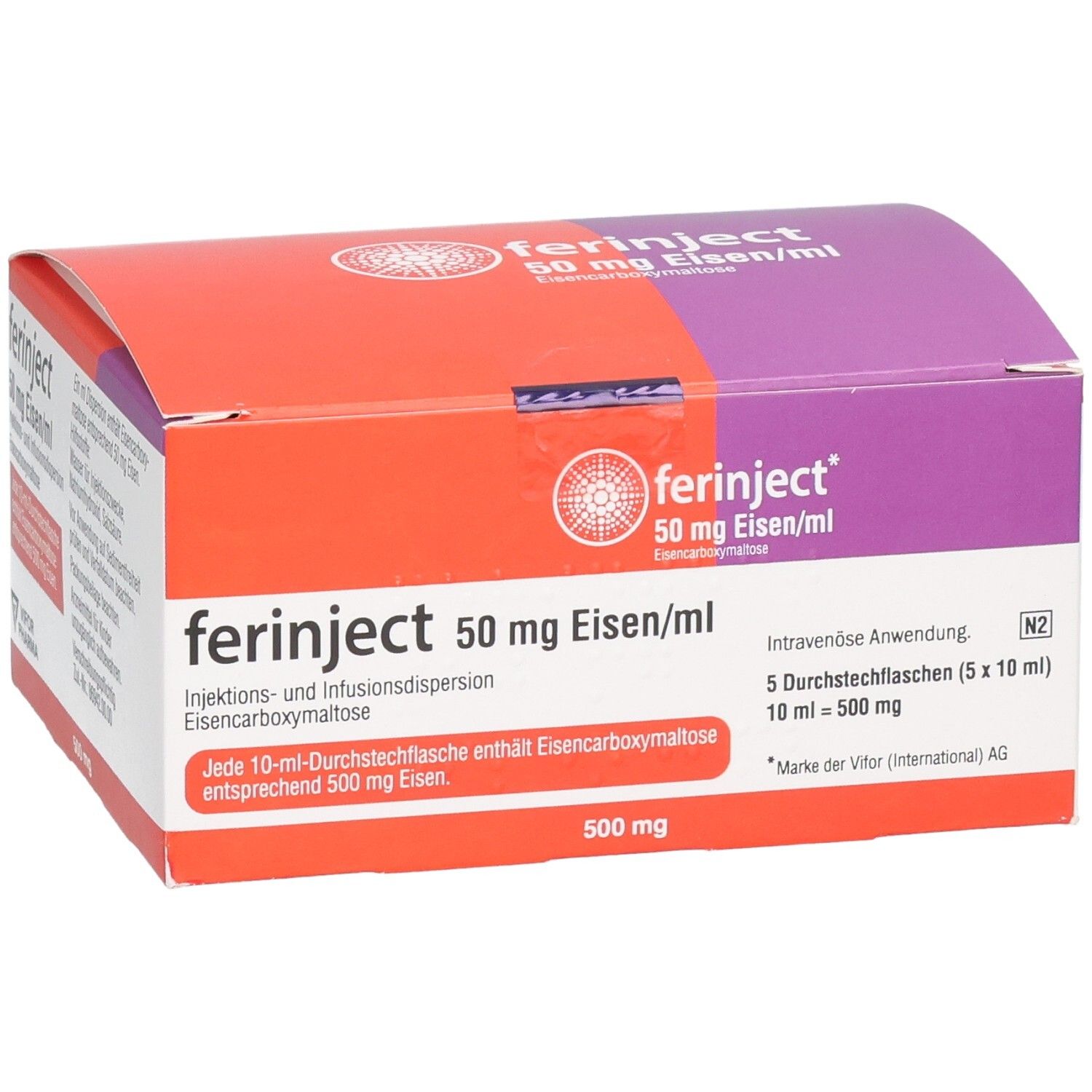 Verpackung von FERINJECT 50 mg Eisen/ml. Rote und violette Schachtel mit Produktinformationen und Logo.