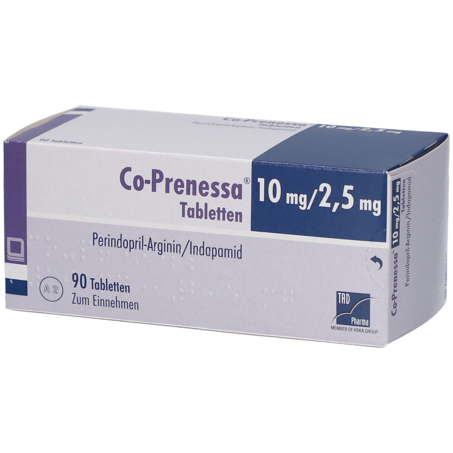 Schachtel Co-Prenessa 10 mg/2,5 mg Tabletten. Enthält 90 Tabletten. Perindopril-Arginin/Indapamid. TRD Pharma.