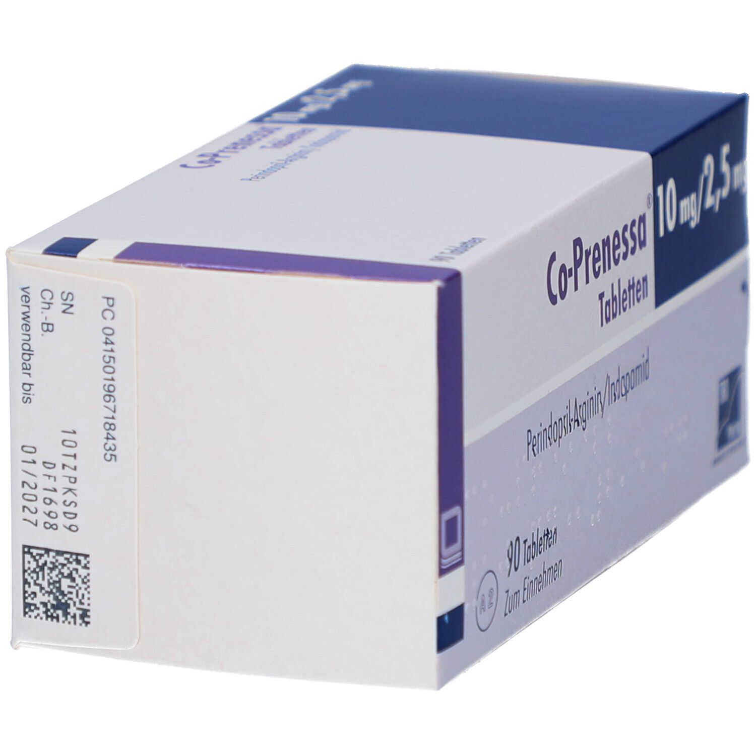 Schachtel Co-Prenessa 10 mg/2,5 mg Tabletten. Seitenansicht mit Chargennummer und Verfallsdatum. TRD Pharma.