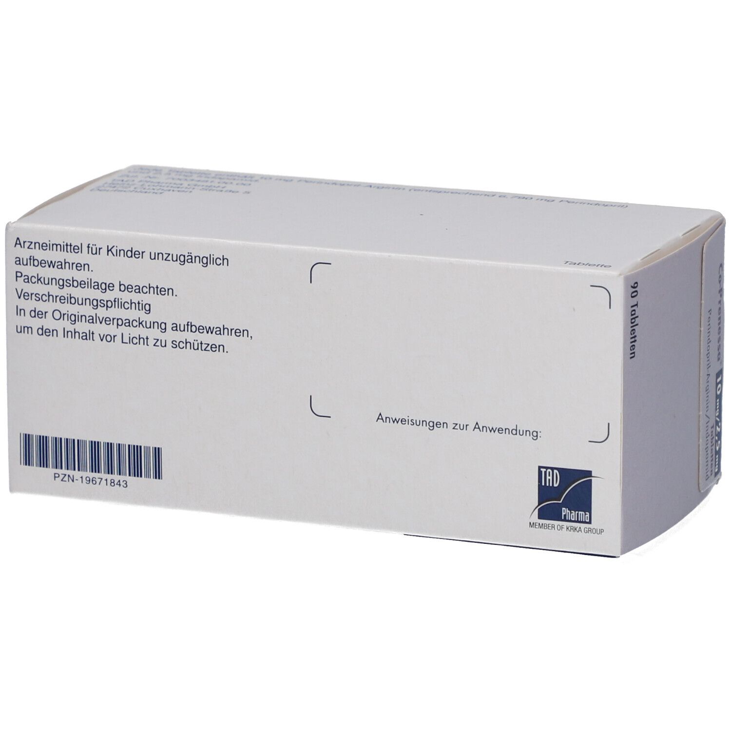 Rückseite der Schachtel Co-Prenessa 10 mg/2,5 mg Tabletten. Enthält Hinweise zur Anwendung und Aufbewahrung. TRD Pharma.