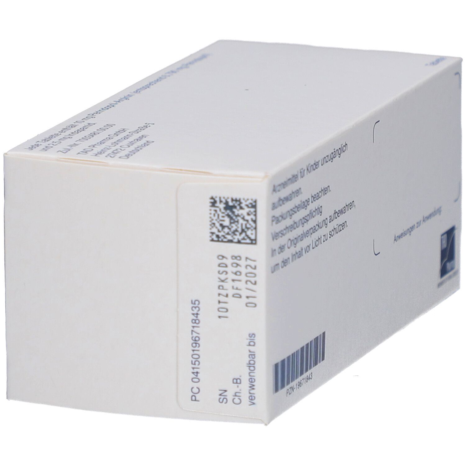 Seitenansicht der Schachtel Co-Prenessa 10 mg/2,5 mg Tabletten. Mit Chargennummer und Verfallsdatum. TRD Pharma.