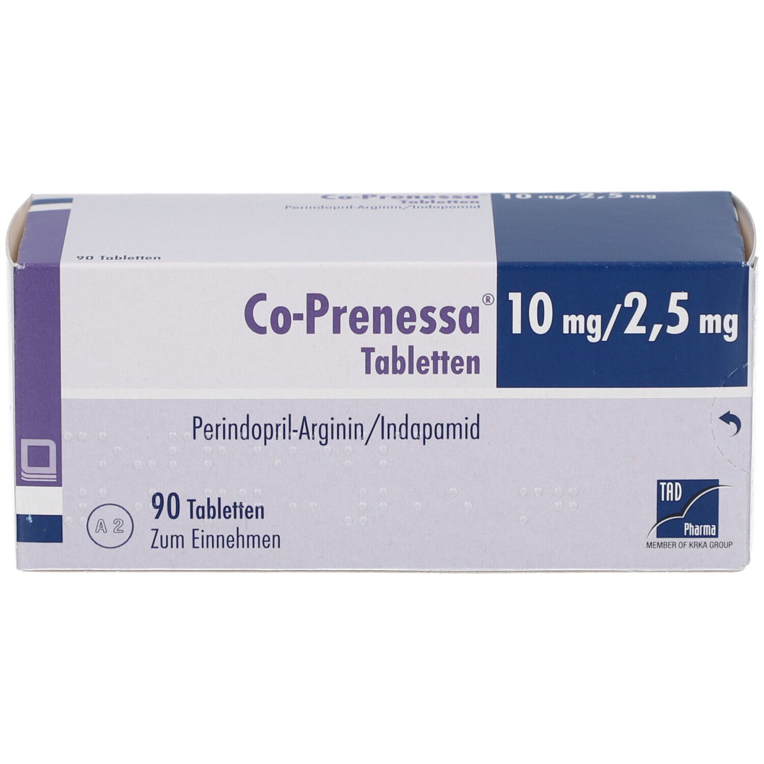 Schachtel Co-Prenessa 10 mg/2,5 mg Tabletten. Enthält 90 Tabletten. Perindopril-Arginin/Indapamid. TRD Pharma.
