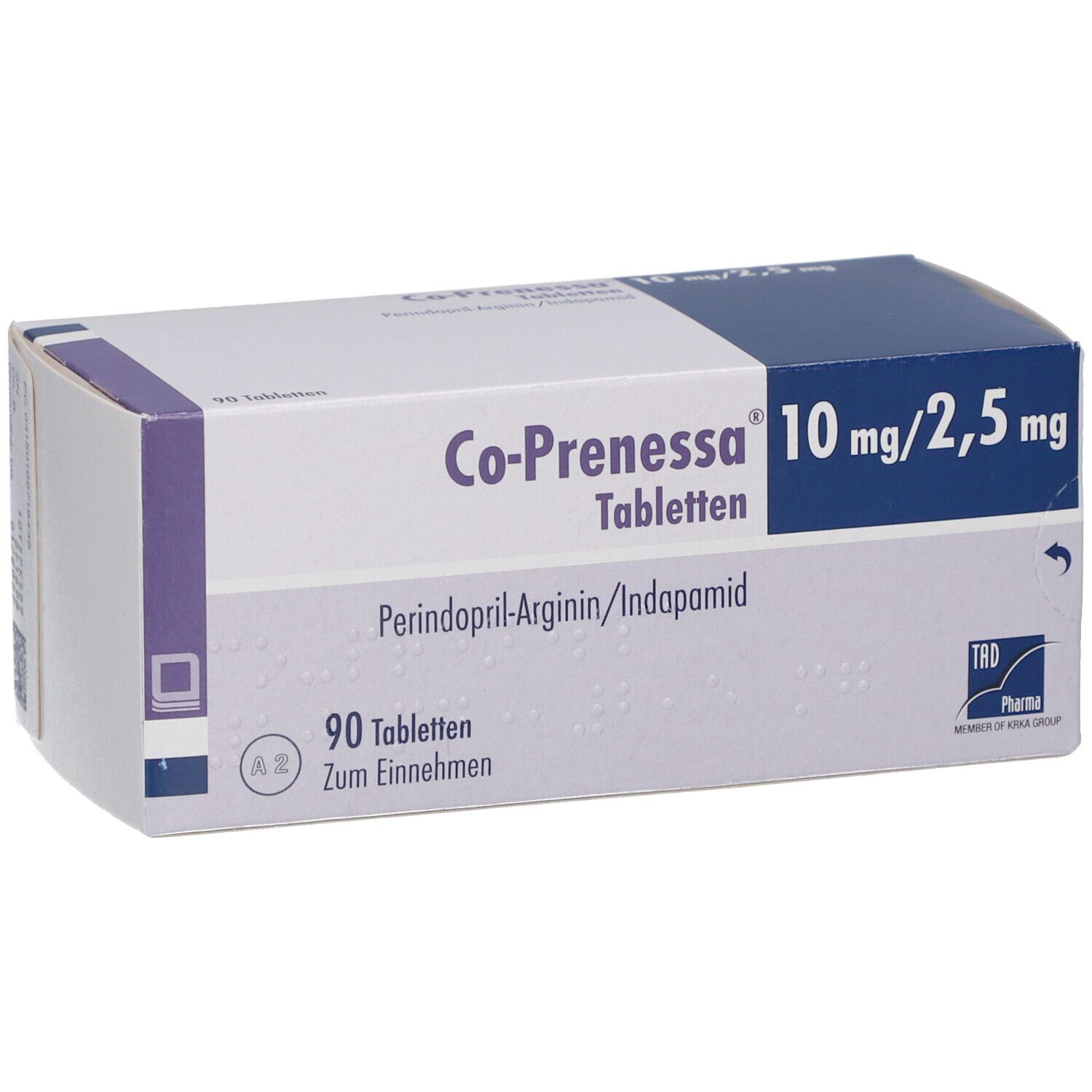 Schachtel Co-Prenessa 10 mg/2,5 mg Tabletten. Enthält 90 Tabletten. Perindopril-Arginin/Indapamid. TRD Pharma.