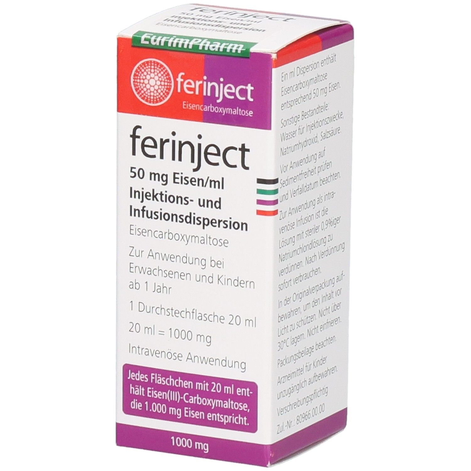 Schachtel Ferinject 50 mg Eisen/ml Injektions- und Infusionsdispersion, 20 ml.