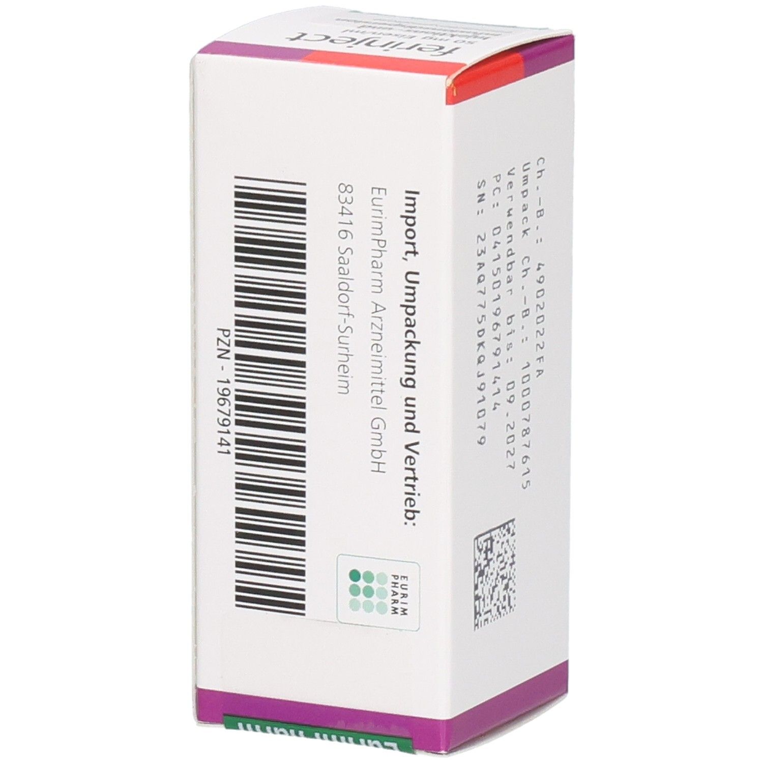 Verpackung von Ferinject mit Barcode und Chargennummer.