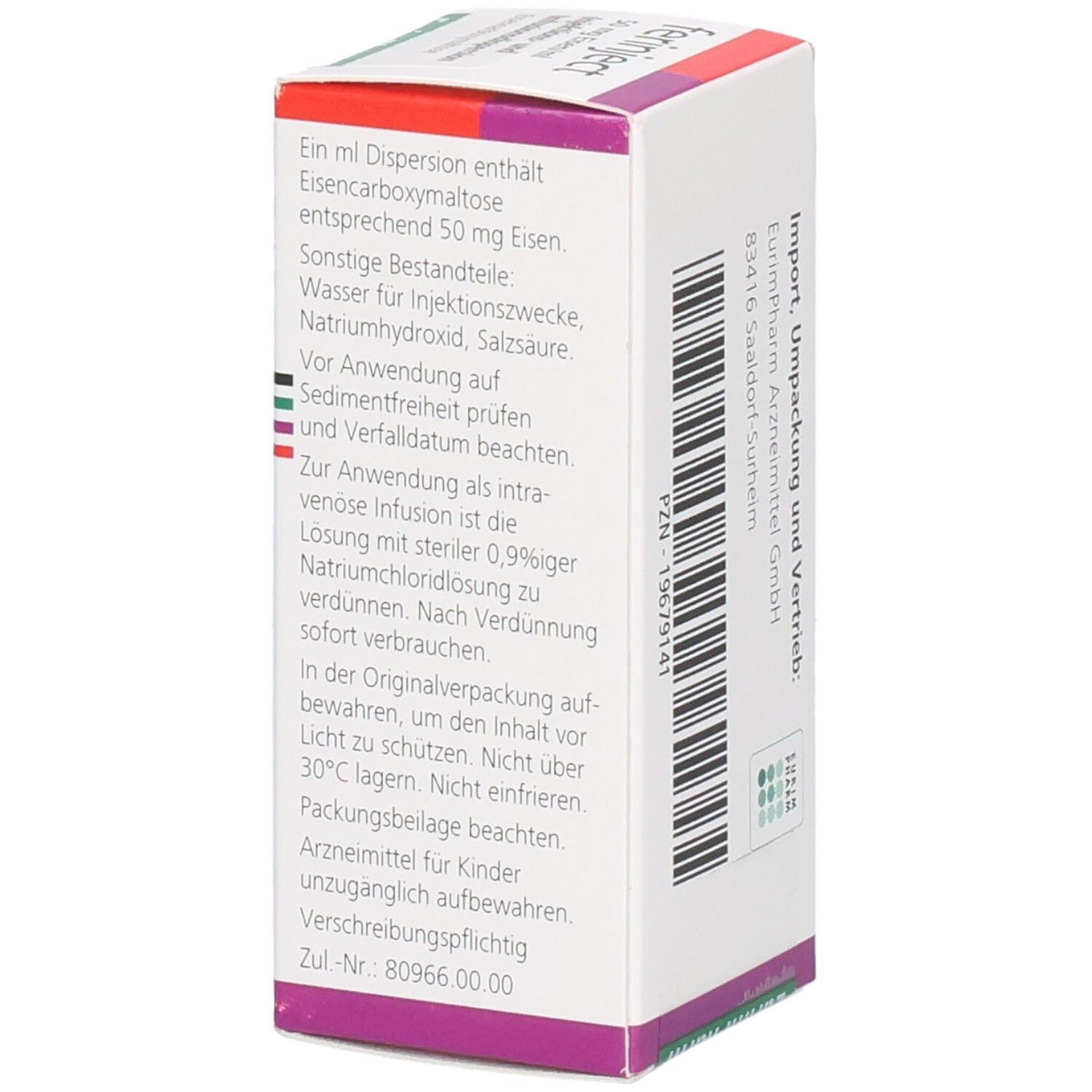 Kartonverpackung für Eisenpräparat mit Anwendungshinweisen und Barcode.