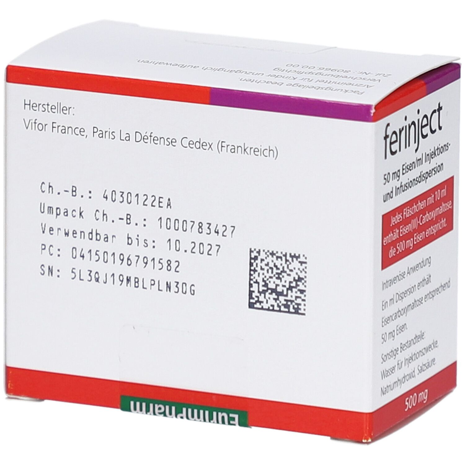 Ferinject-Verpackung. Weiße Schachtel mit Produktinformationen. Hersteller: Vifor France. Enthält 50 mg Eisen/ml Injektions- und Infusionsdispersion. 500 mg.