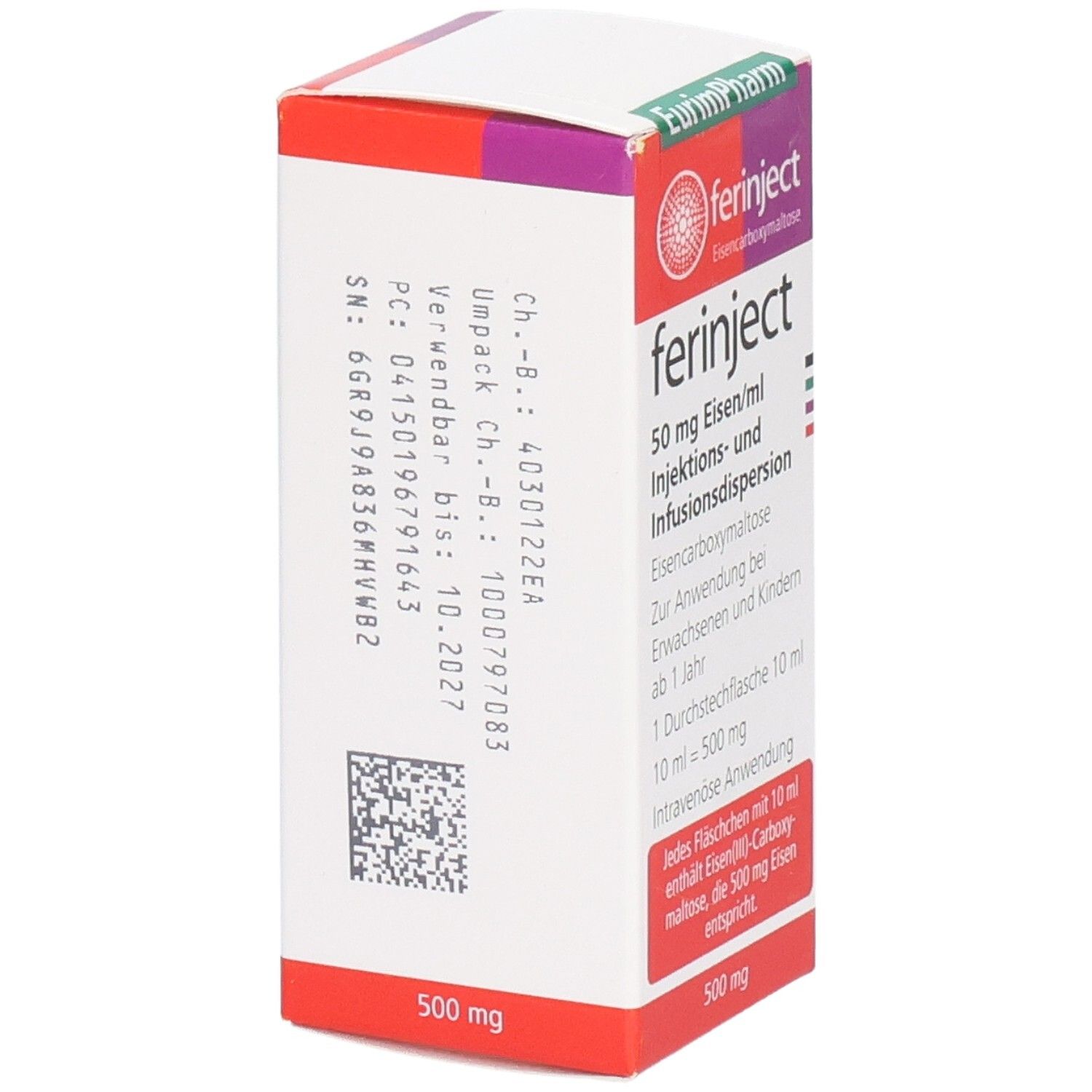 Weiße Faltschachtel mit Aufschrift "ferinject". Enthält Informationen wie Chargennummer und Verfallsdatum. Rote und violette Akzente.