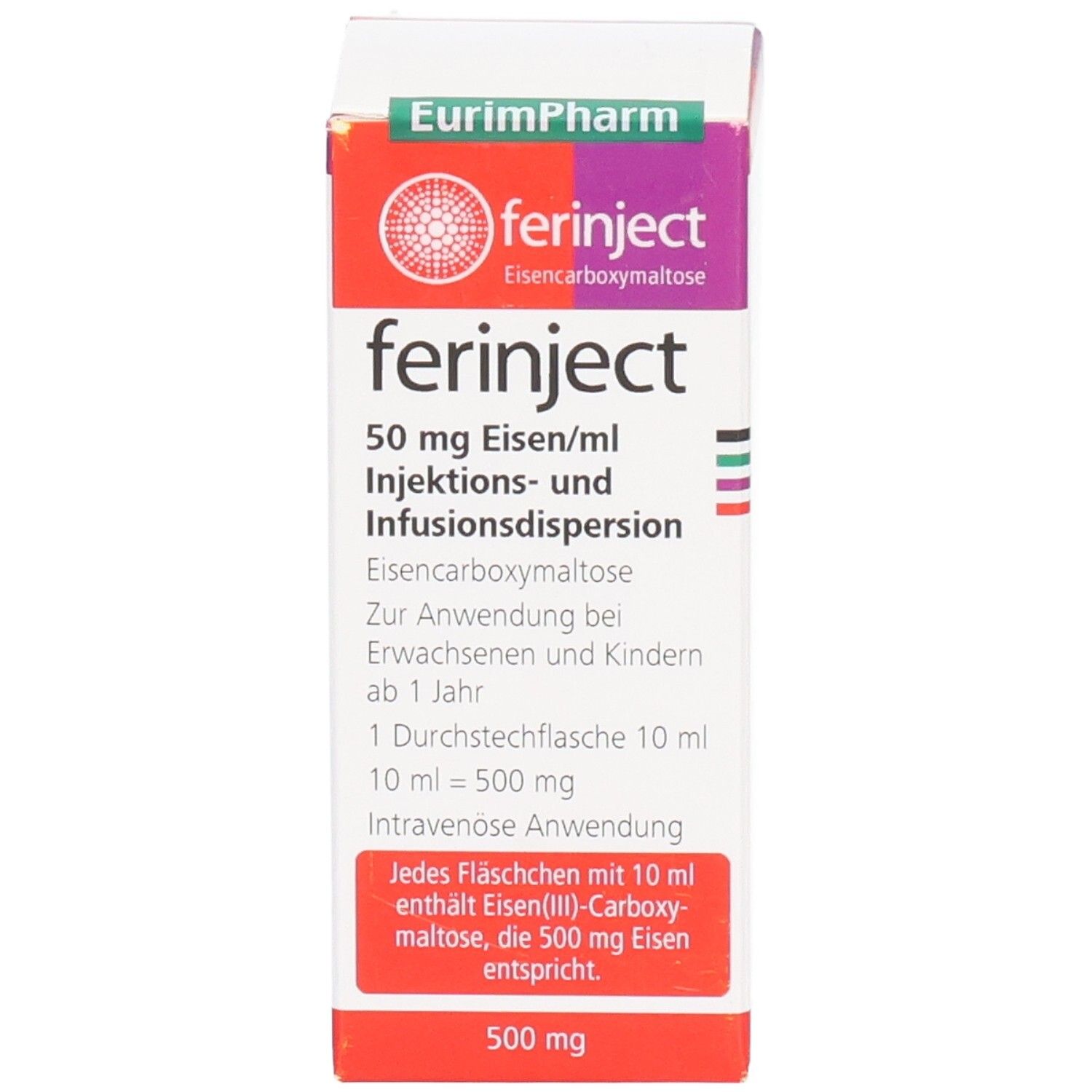 Weiße Faltschachtel mit Aufschrift "ferinject 50 mg Eisen/ml". Enthält Informationen zur Anwendung. Rote, weiße und violette Akzente.