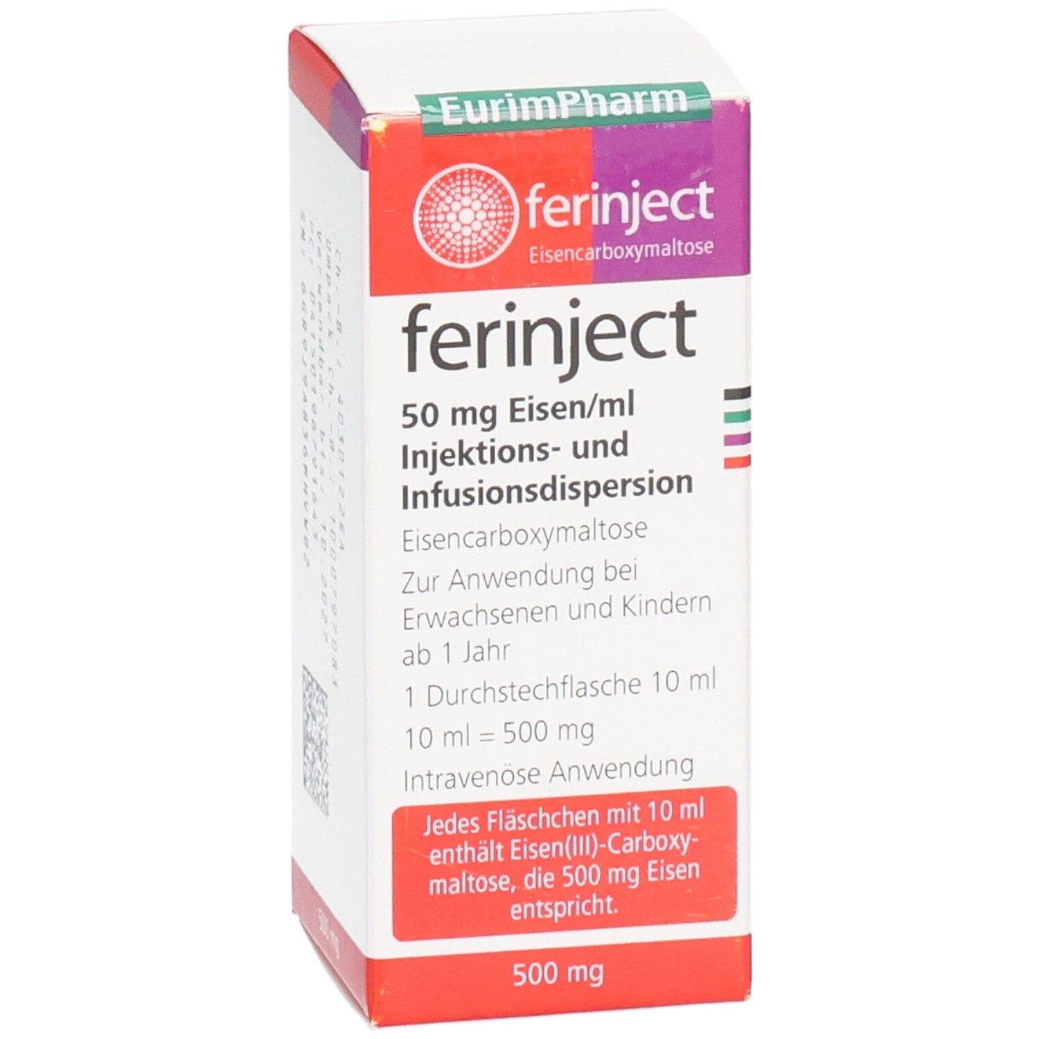 Weiße Faltschachtel mit Aufschrift "ferinject 50 mg Eisen/ml". Enthält Informationen zur Anwendung. Rote, weiße und violette Akzente.