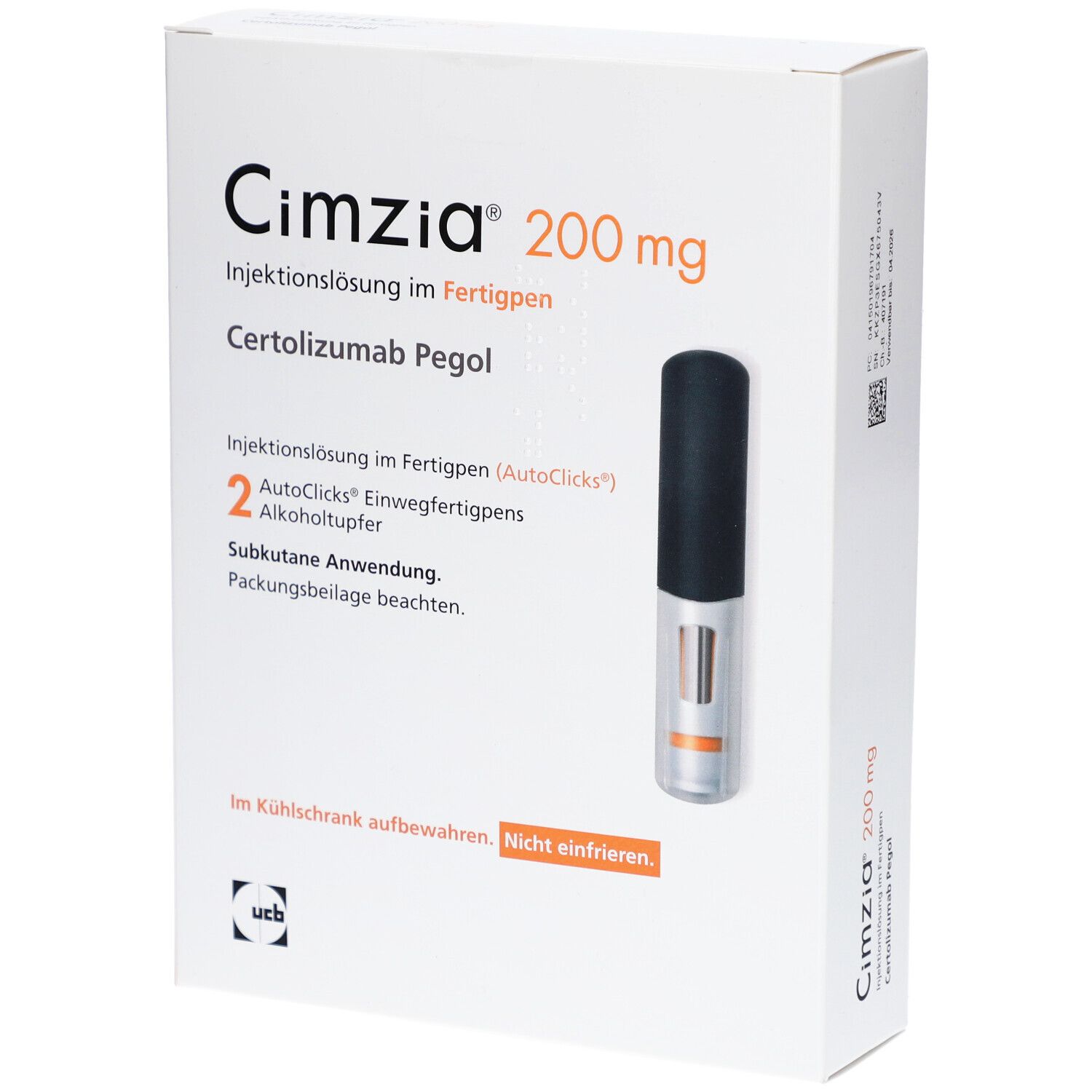 Weiße Verpackung mit Produktnamen Cimzia 200 mg. Fertigpen und Text. Enthält 2 Alkoholtupfer. UCB Logo.