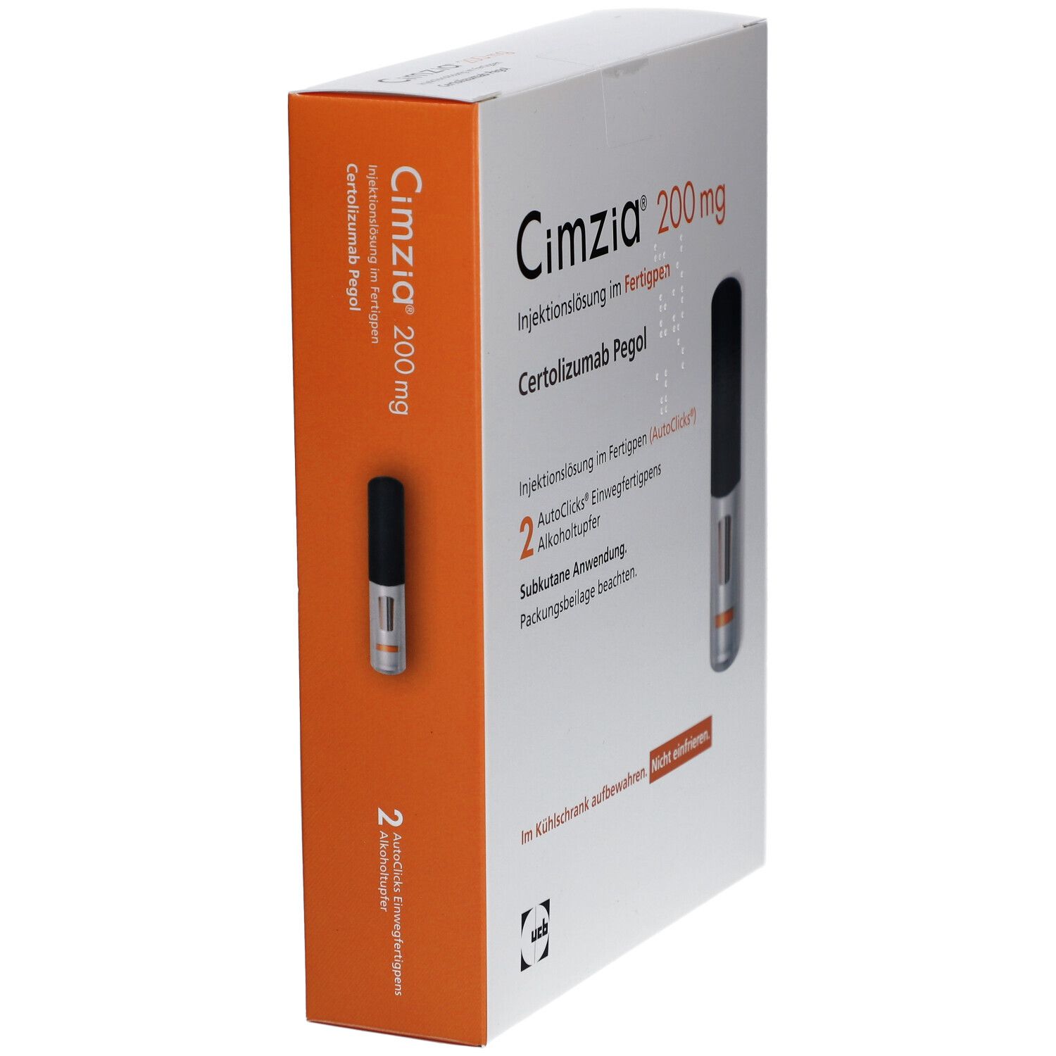 Weiße Verpackung mit Cimzia 200 mg. Fertigpen und Text. Enthält 2 Fertigpens. Orangefarbener Akzent. UCB Logo.