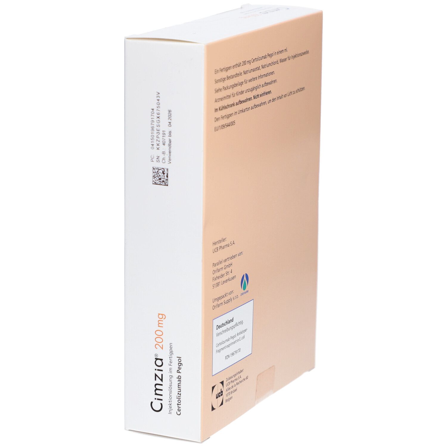 Weiße Verpackung mit Cimzia 200 mg und Text. UCB Logo. Seite der Verpackung mit Text und Chargennummer.